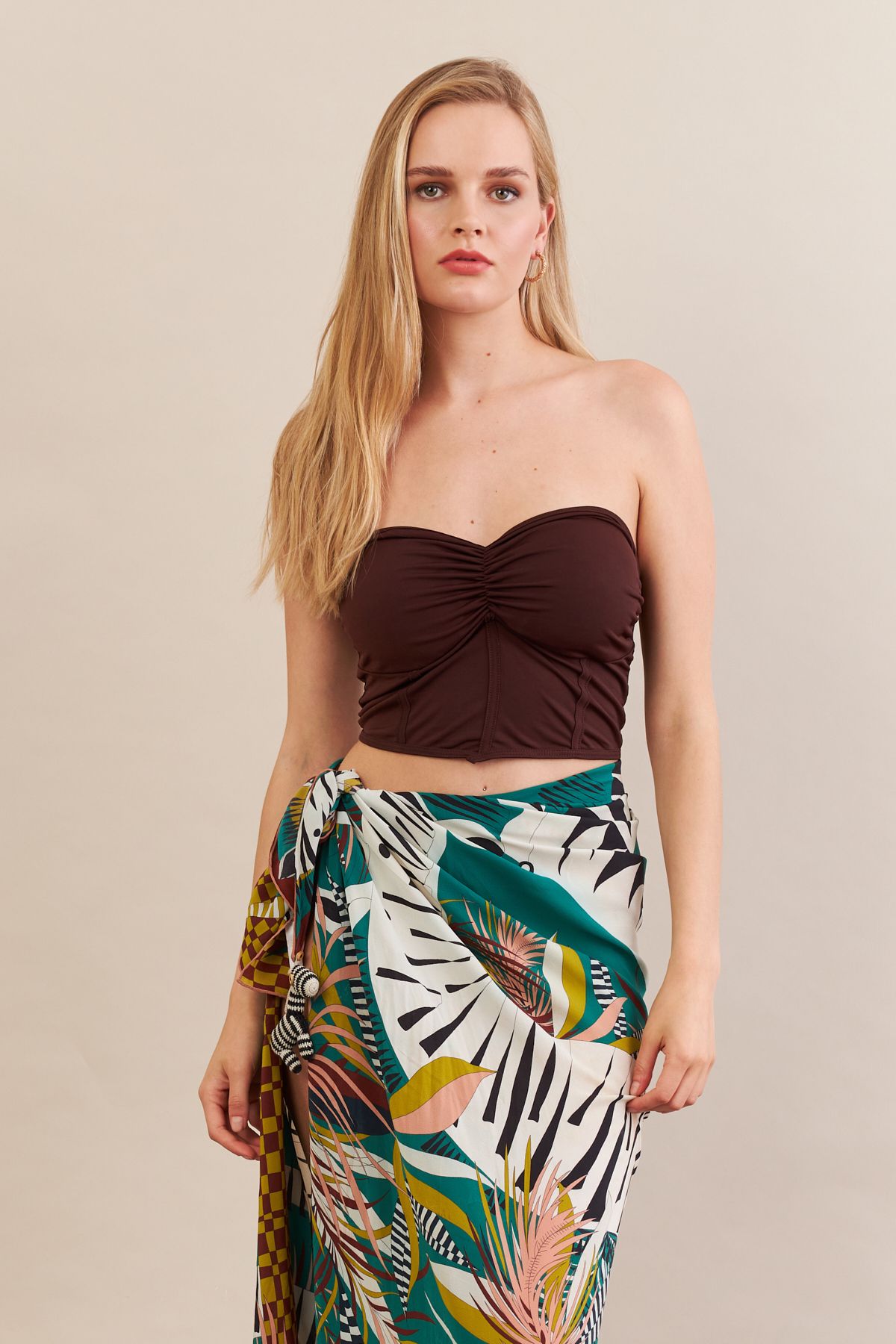 Cool & Sexy Kadın Kahverengi Korse Dikişli Crop Bluz AN6025