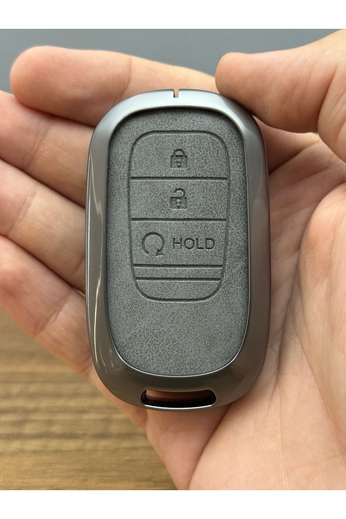 Mavi Keys Honda Civic 2022+, CR-V Smart Uyumlu 3 Düğmeli Deri Metal Anahtar Kumanda Koruma Kılıfı Gri Renk