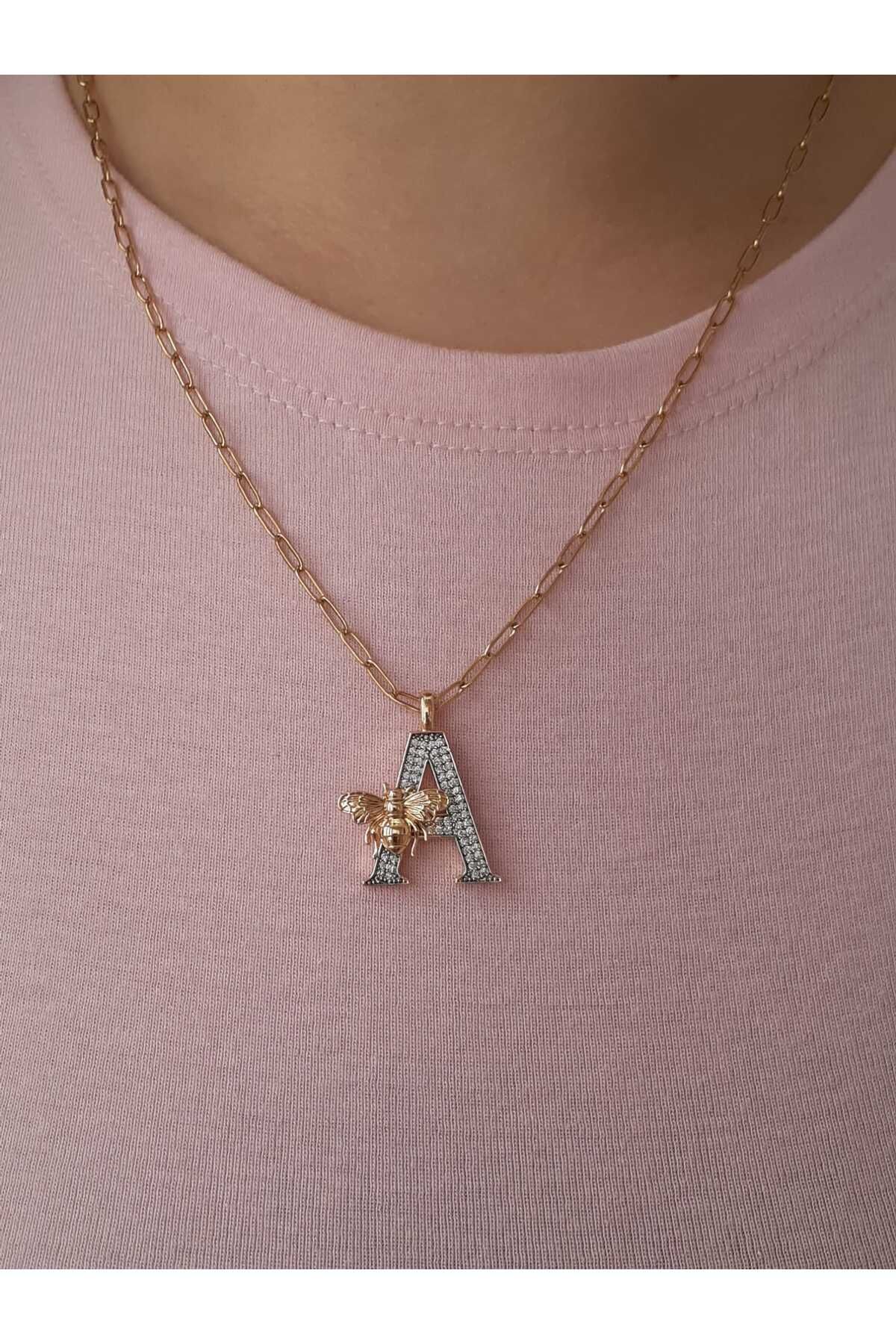 bijoux uniques A Harfli Arı Figürlü Çelik Kolye