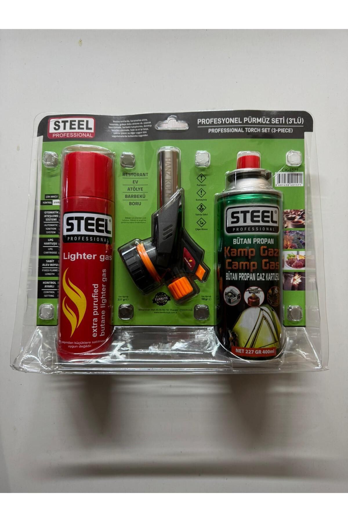 GEZ OUTDOOR PROFESYONEL PÜRMÜZ SETİ ( 3'LÜ) PÜRMÜZ TORCH ÇAKMAK BAŞLIK- KAMP GAZI 400ML- ÇAKMAK GAZI 270ML