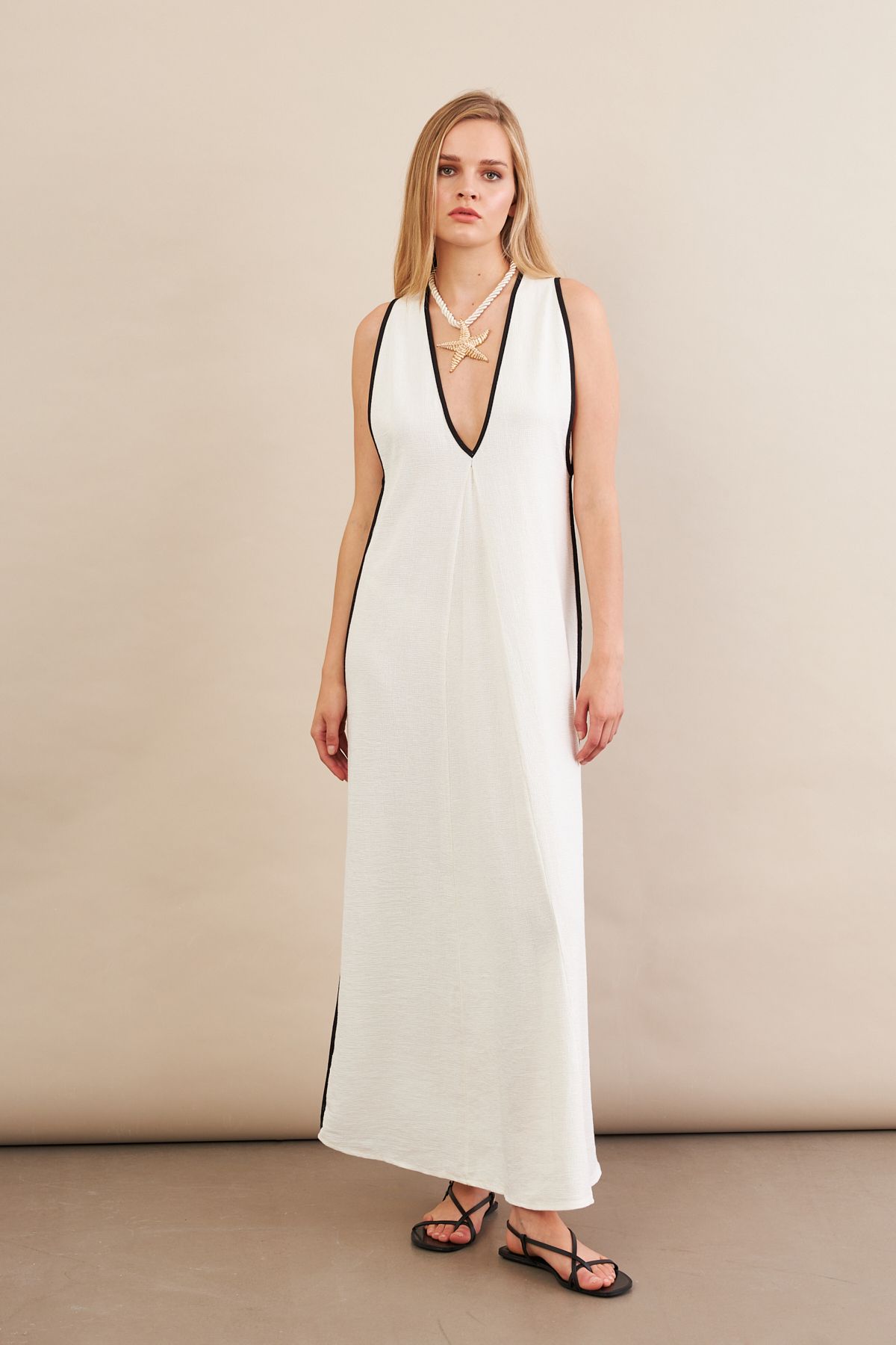 Cool & Sexy Kadın Ekru Kontrast Çizgili Maxi Keten Elbise MSİ101