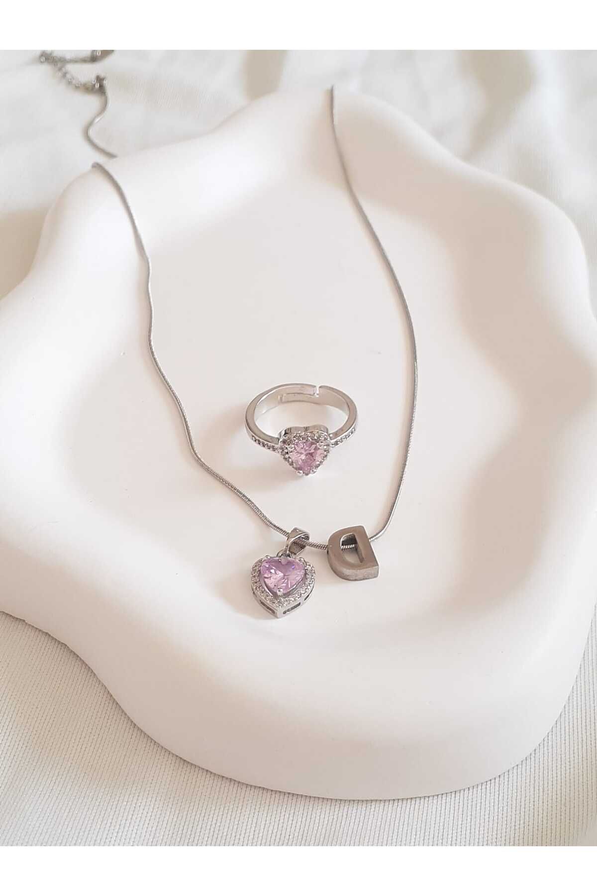 bijoux uniques Çelik D Harfli Pembe Kalpli Kolye&Yüzük Seti