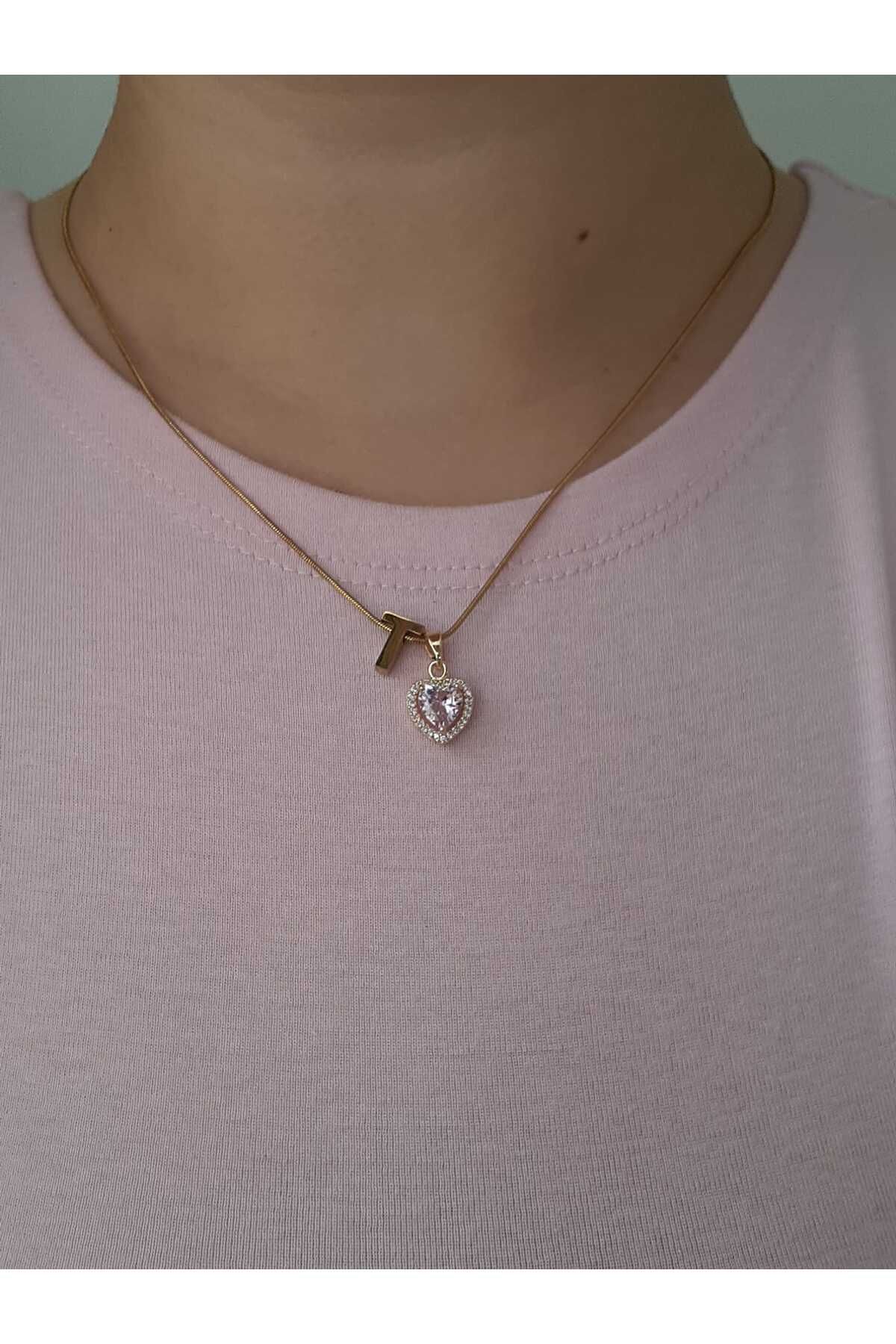 bijoux uniques Gold Pembe Kalpli T Harfli Çelik Kolye