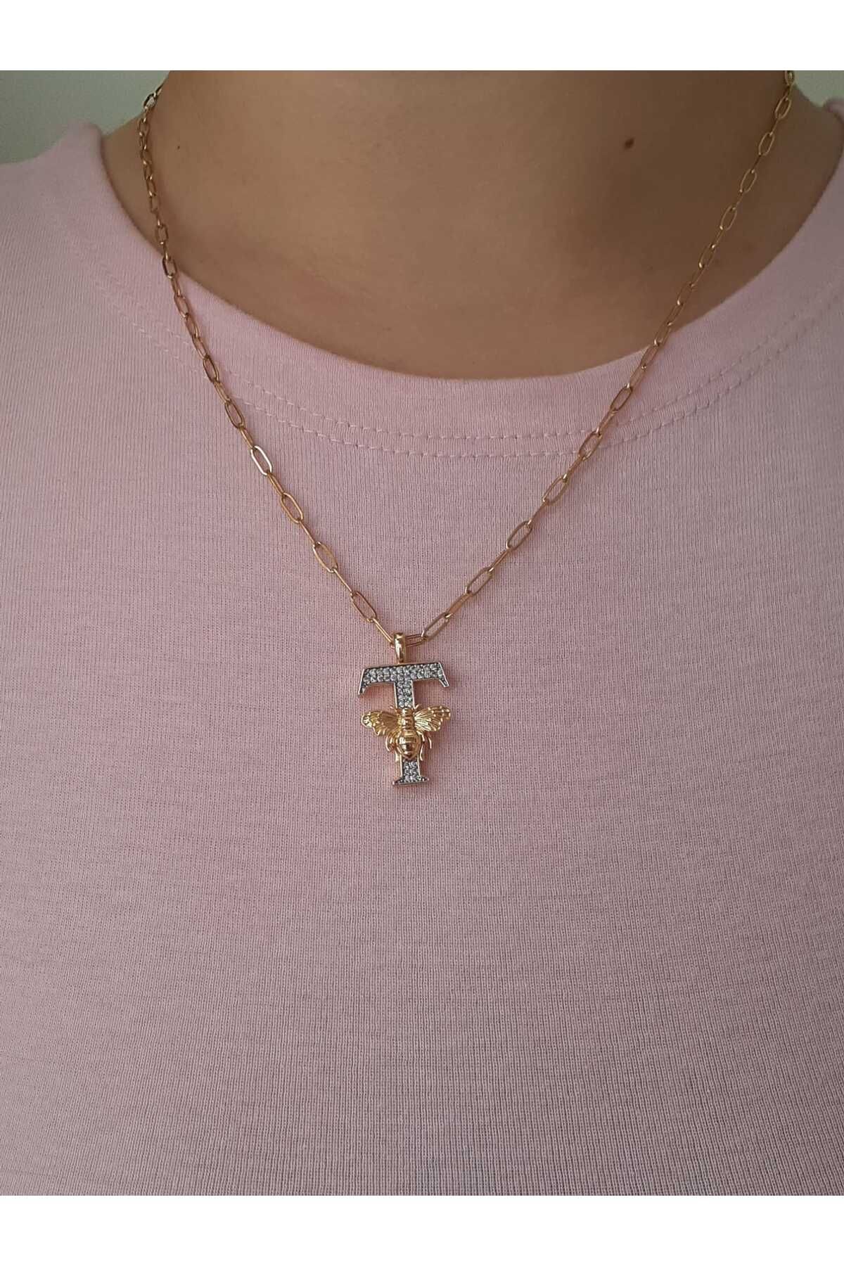 bijoux uniques T Harfli Arı Figürlü Çelik Kolye