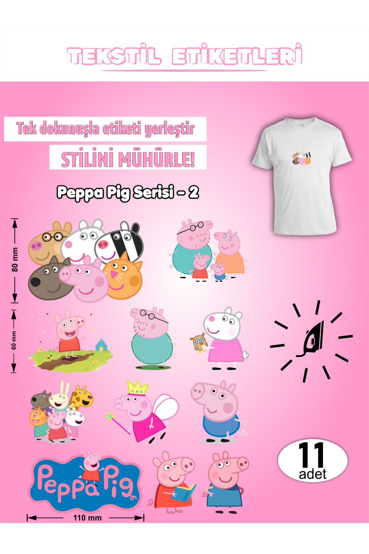 AGG Reklam Ütü ile Yapışan Kıyafet Etiketi Peppa Pig Serisi-2 11Li Set