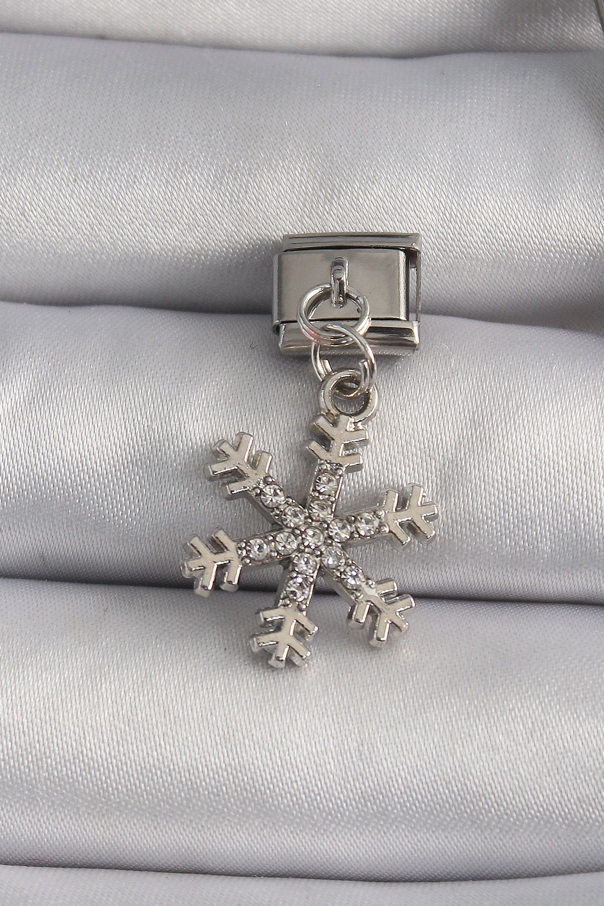 Angel Of Life 316L Çelik Gümüş Renk Sallantı Zirkon Taşlı Kar Tanesi Model Nomination Charm - TJ-BC1129