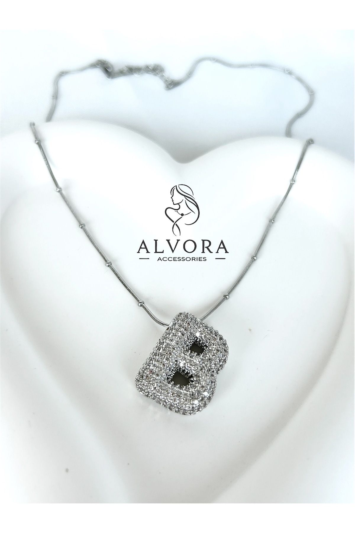 Alvora Accessories B Harfi Paslanmaz Çelik Zirkon Detaylı Harf Kolye