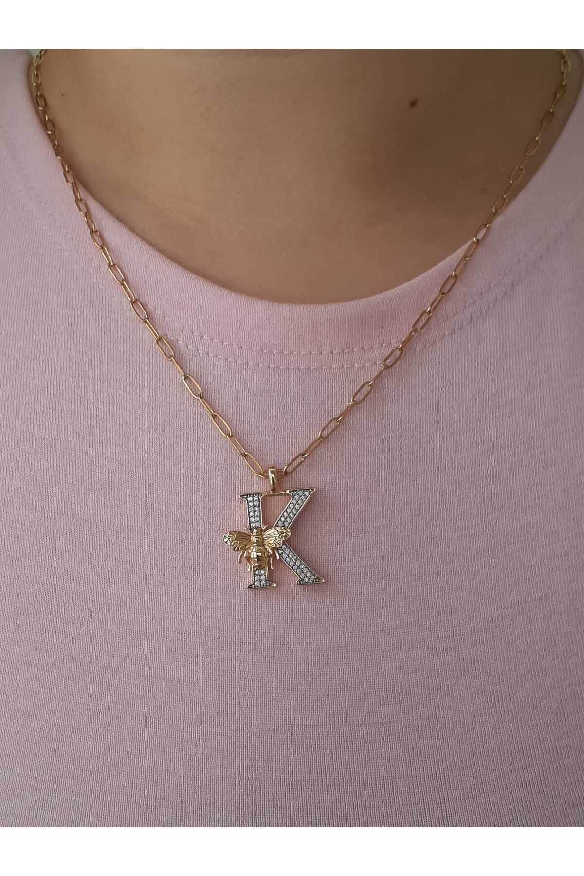 bijoux uniques K Harfli Arı Figürlü Çelik Kolye