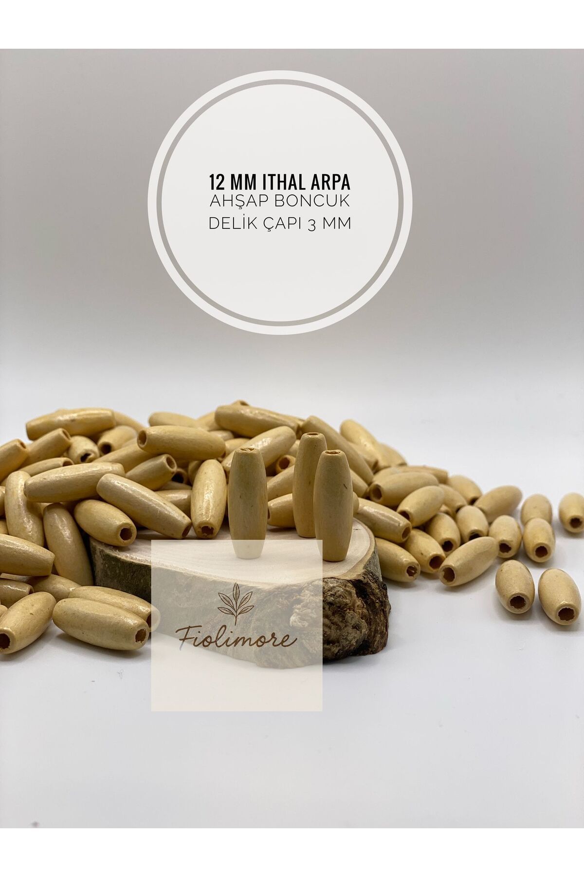 Fiolimore 12 mm Ithal Arpa Model Vernikli Ahşap Boncuk Delik Çapı 3mm(25 Gr 48 Adet)Çanta Takı Bileklik