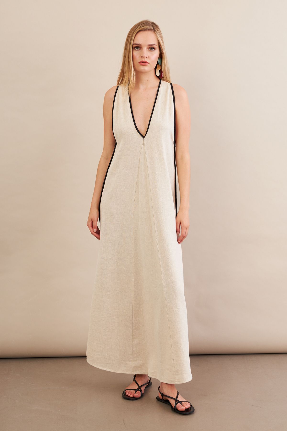 Cool & Sexy Kadın Taş Kontrast Çizgili Maxi Keten Elbise MSİ101