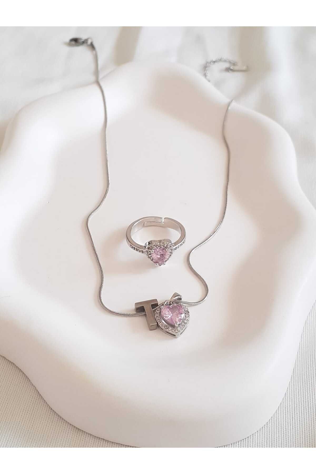 bijoux uniques Çelik T Harfli Pembe Kalpli Kolye&Yüzük Seti