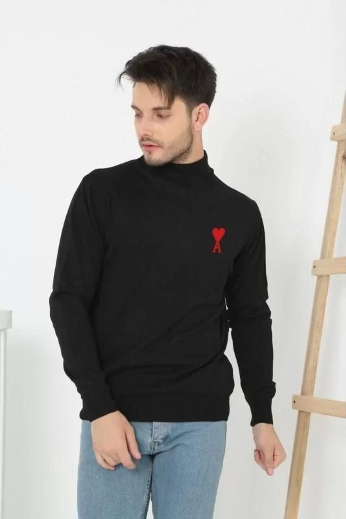 CanselButik Unisex Yarım Boğazlı Baskılı Dokuma Triko - Siyah