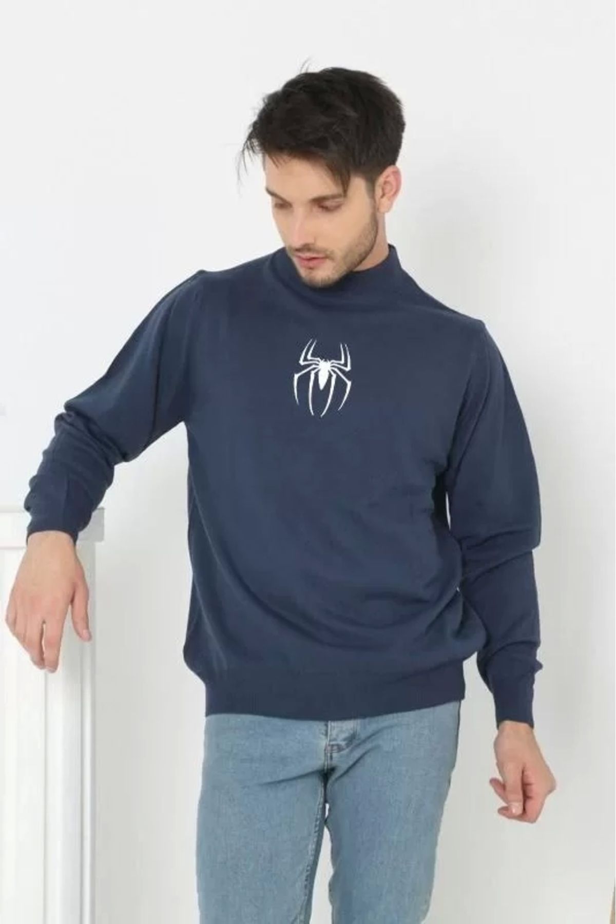 BÜŞRA TEZEL MODA Baskılı Yarım Boğazlı Uzun Kol Dokuma Triko - Indigo