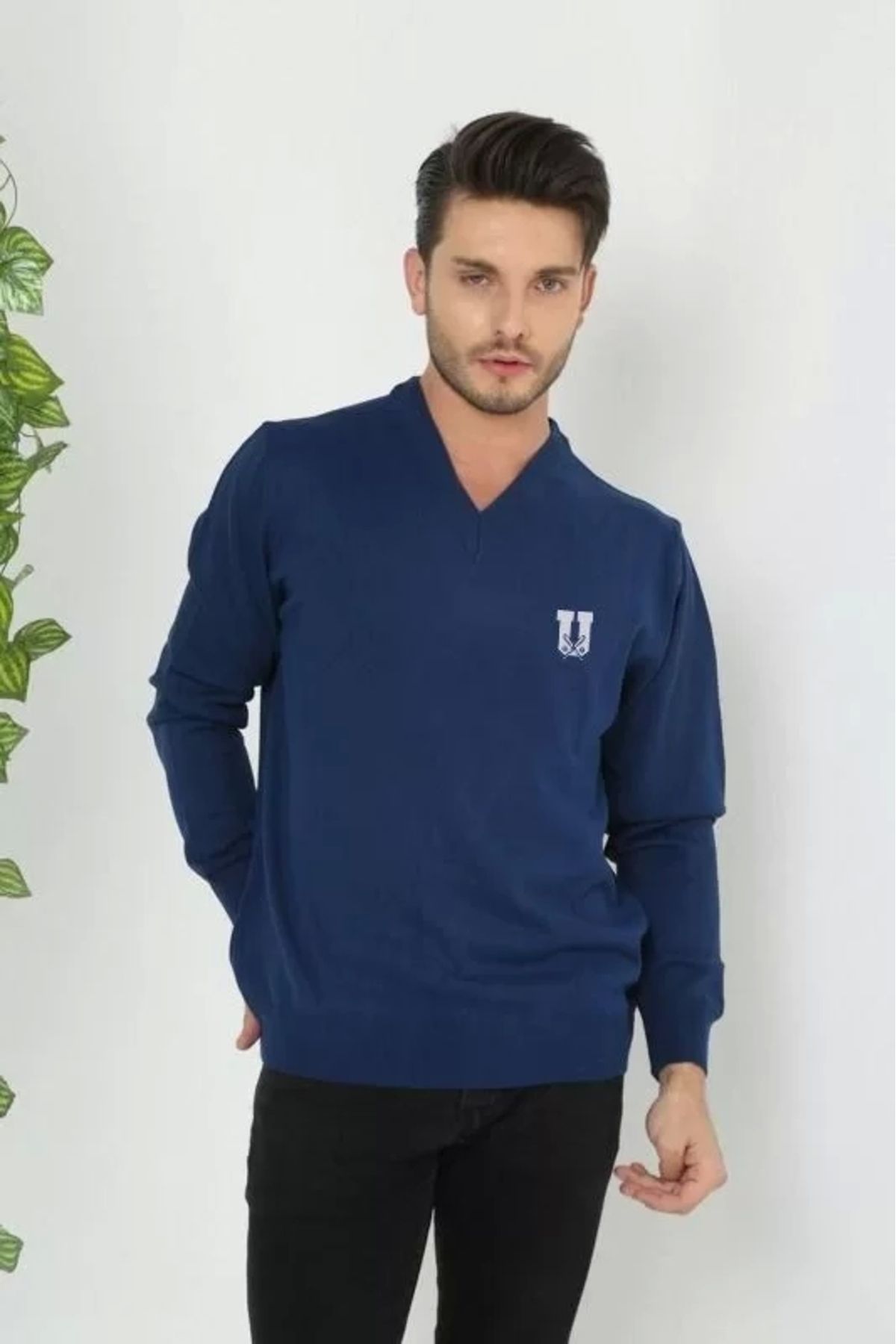 CanselButik Baskılı V Yaka Uzun Kol Dokuma Triko - Indigo