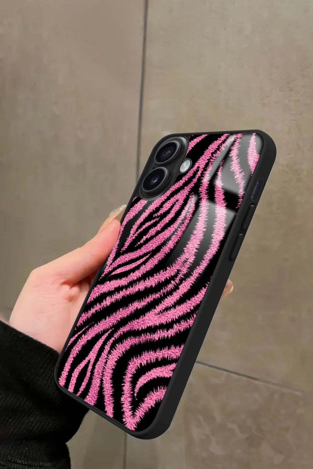 Snacase iPhone 16 Plus Uyumlu Pembe Zebra Tasarımlı Glossy Premium Kılıf