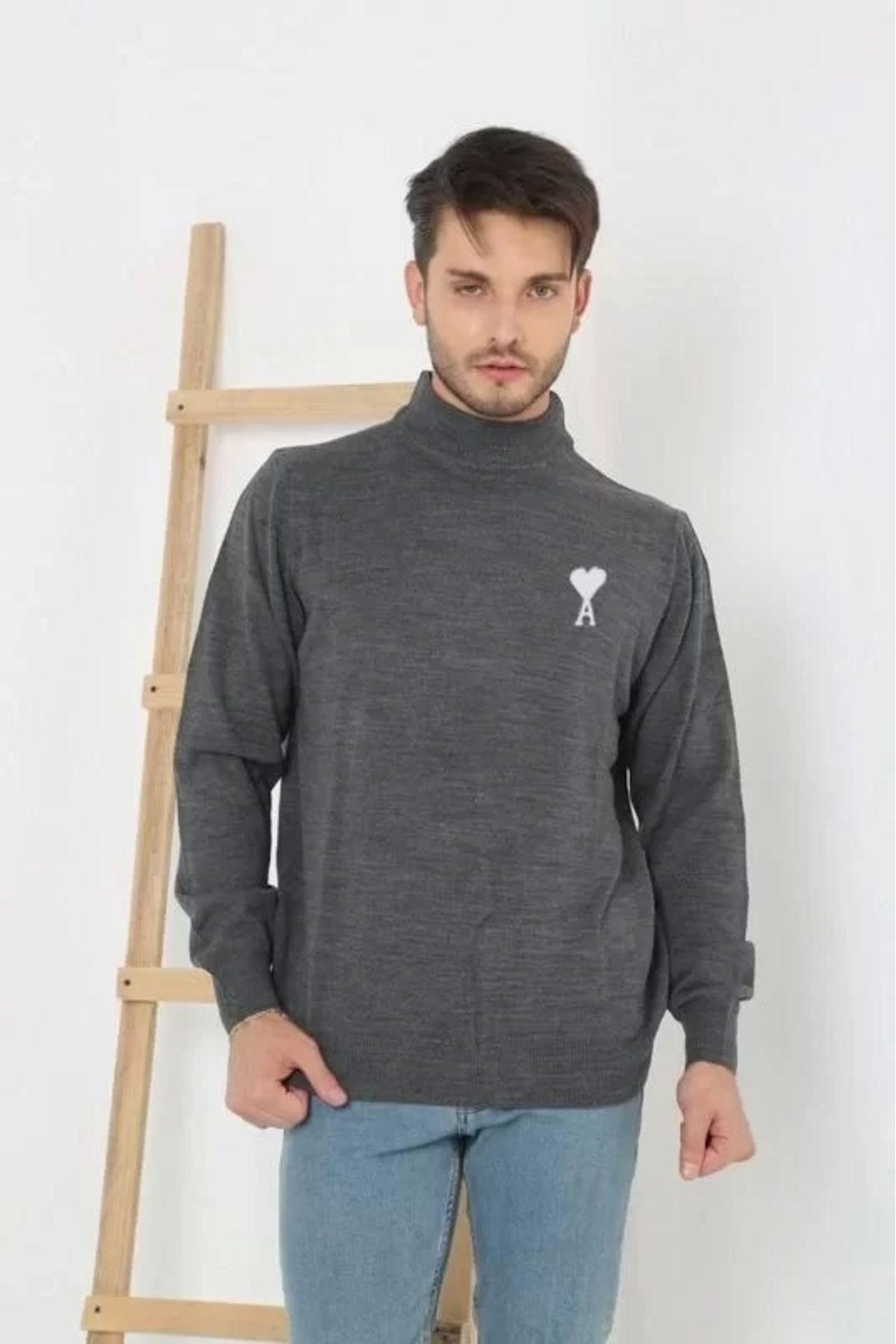 CanselButik Unisex Yarım Boğazlı Baskılı Dokuma Triko - Füme