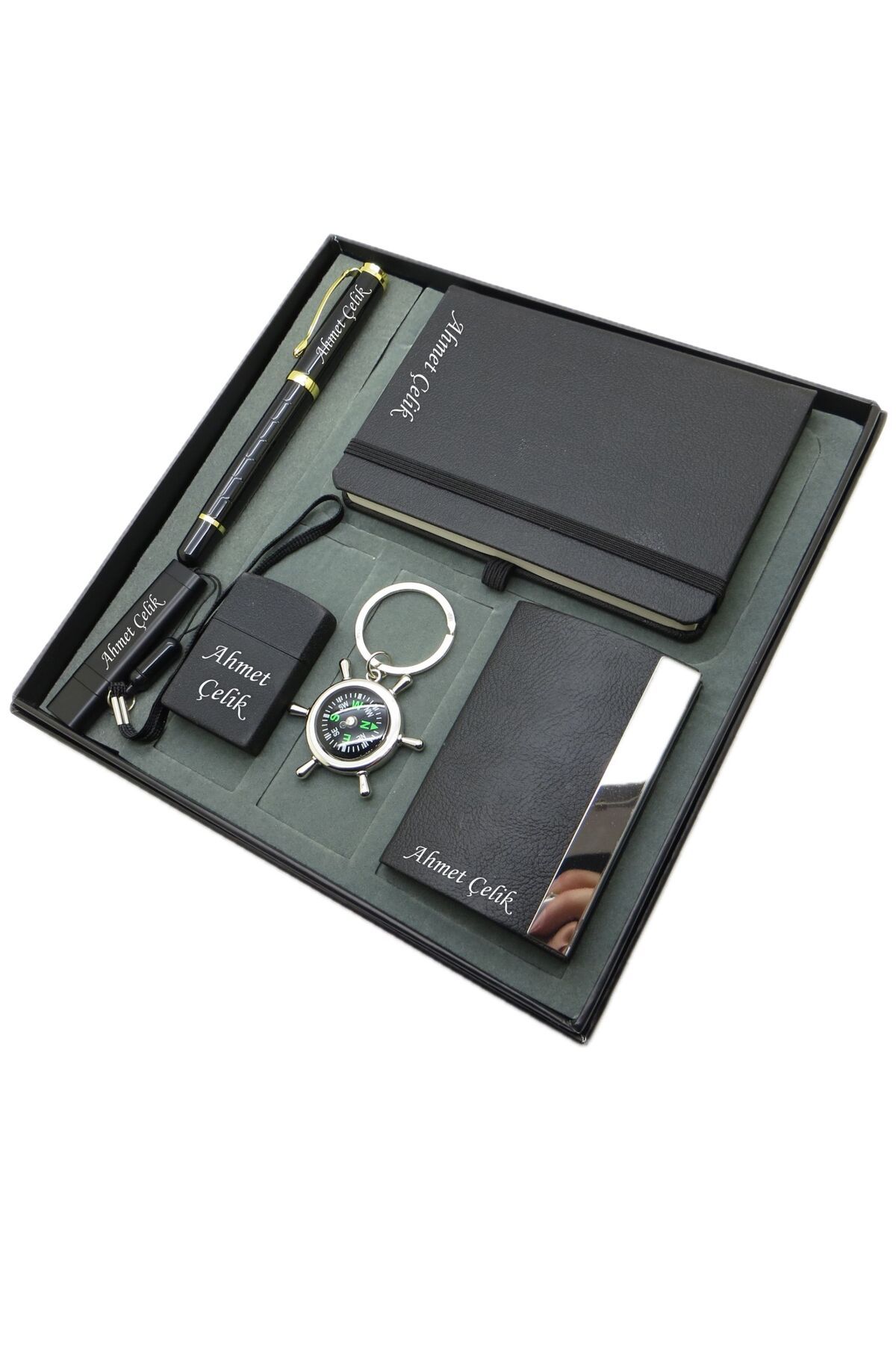 Signator ® Oriens | Kişiye Özel Set - Pusulalı Anahtarlık + 32 Gb. Usb Bellek + Bazalt Çakmak + Not