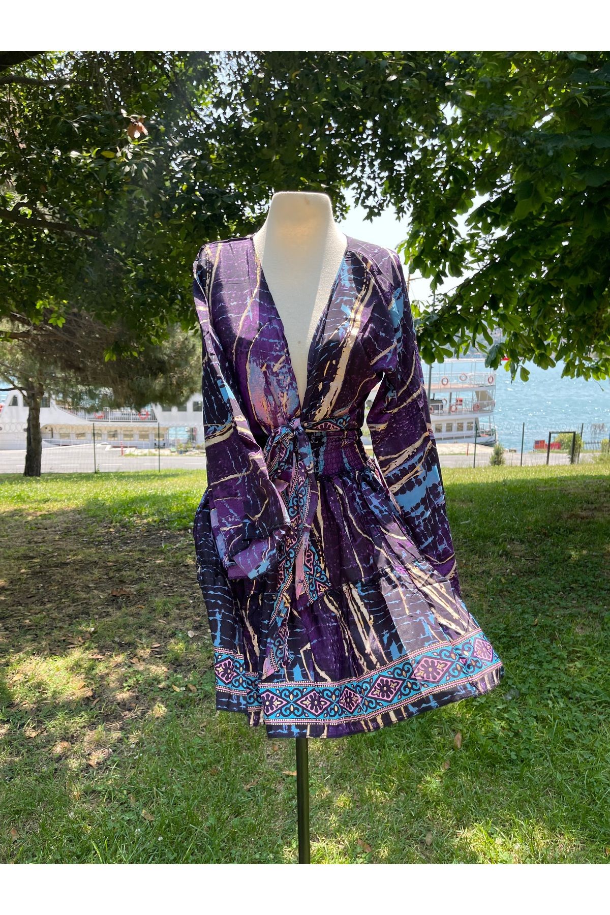 Madame Lucid İpek Bağlamalı Üst Mini Etek Boho Sarı Takım