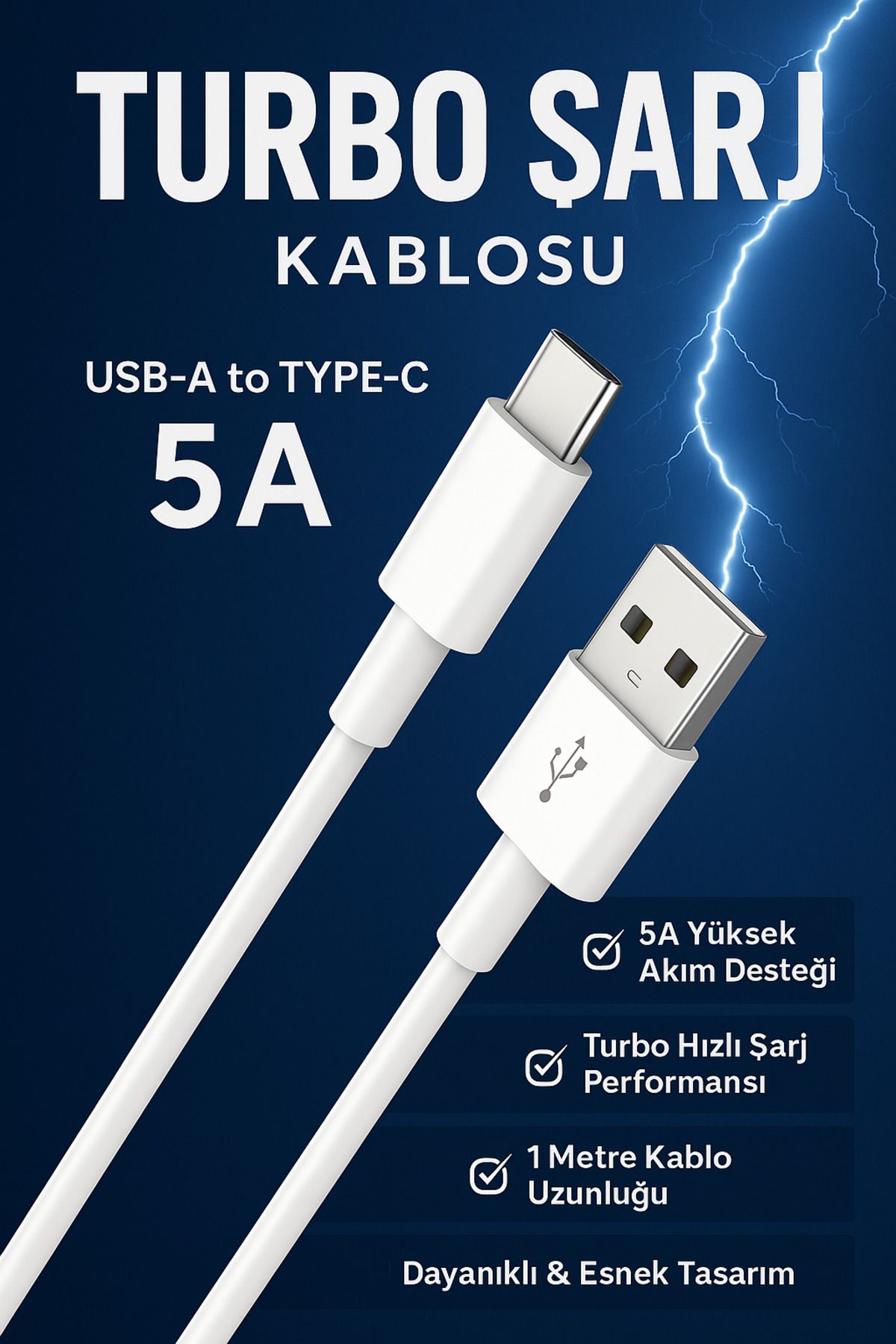 Kılıforyum USB-A to Type-C 5A Turbo Hızlı Şarj Kablosu – 1 Metre