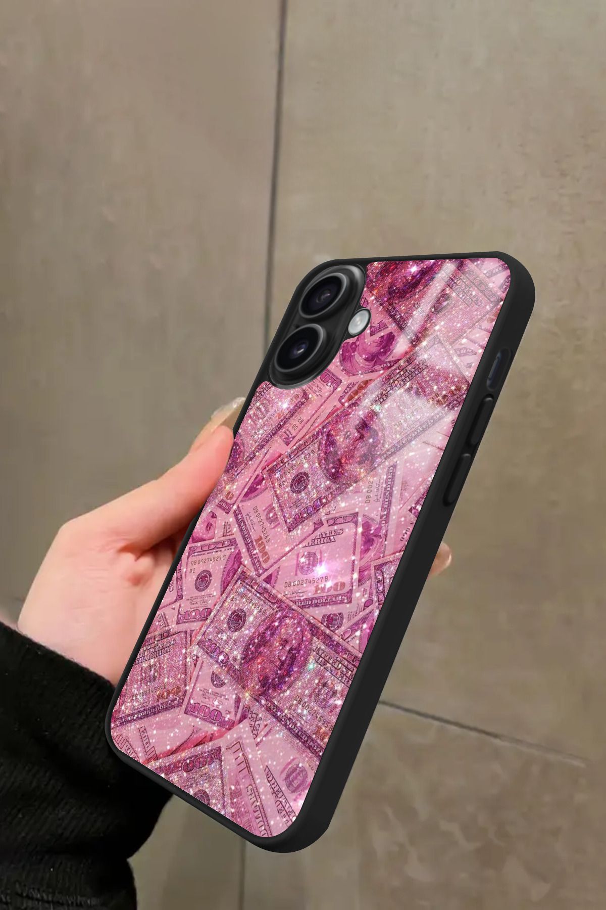 Snacase iPhone 16 Uyumlu Pembe Para Tasarımlı Glossy Premium Kılıf