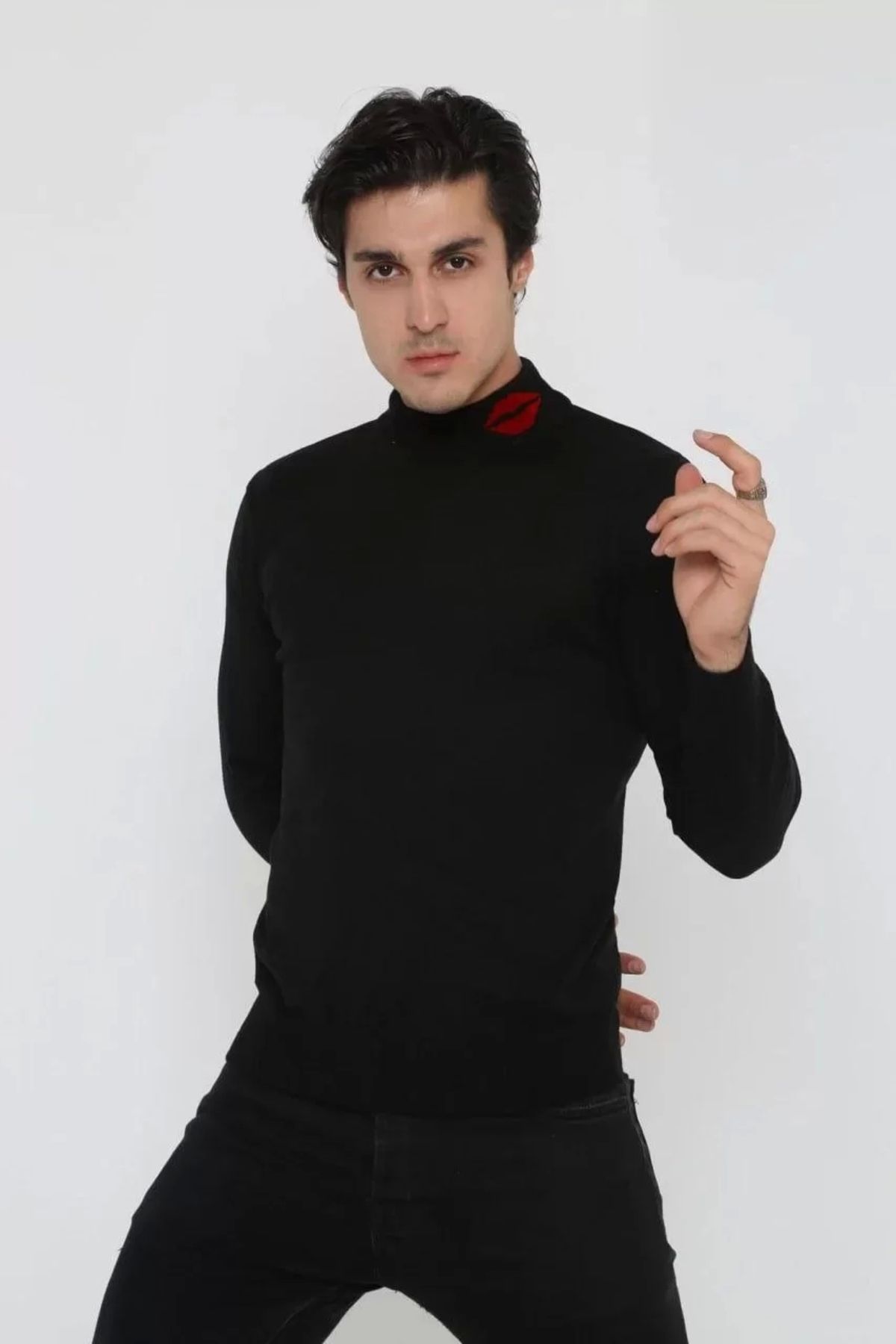 CanselButik Unisex Yarım Boğazlı Baskılı Dokuma Triko - Siyah
