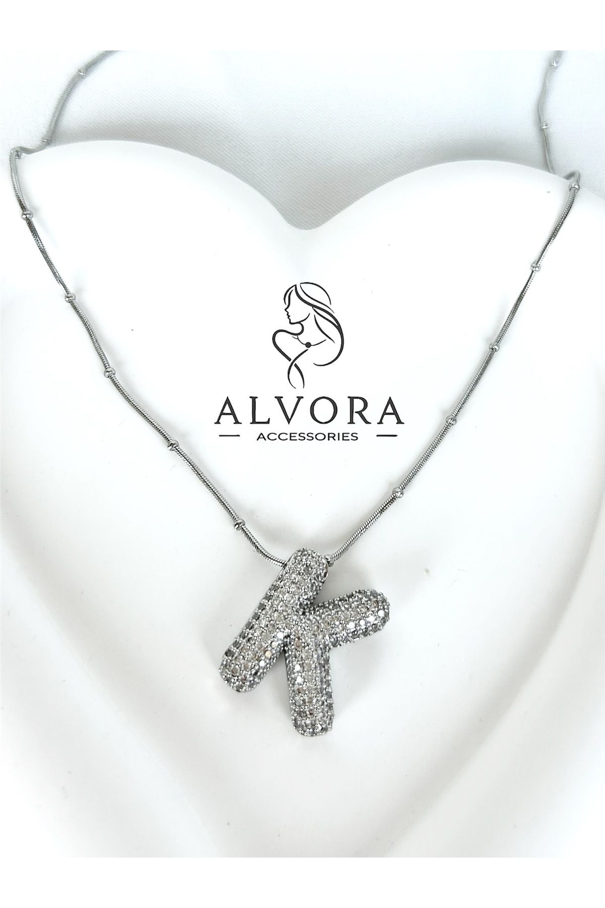 Alvora Accessories K Harfi Paslanmaz Çelik Zirkon Detaylı Harf Kolye