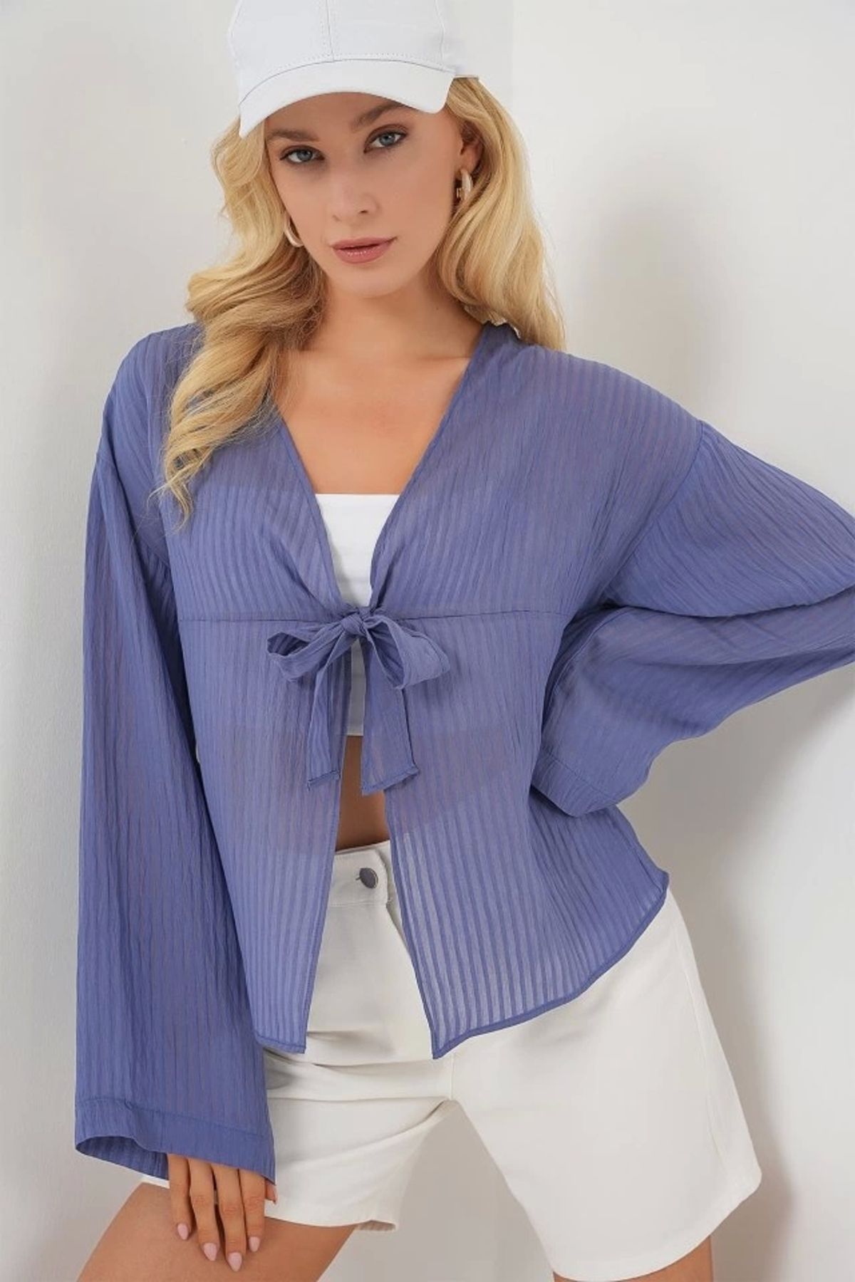 Butik Önü Bağcıklı Bluz 952 - İndigo