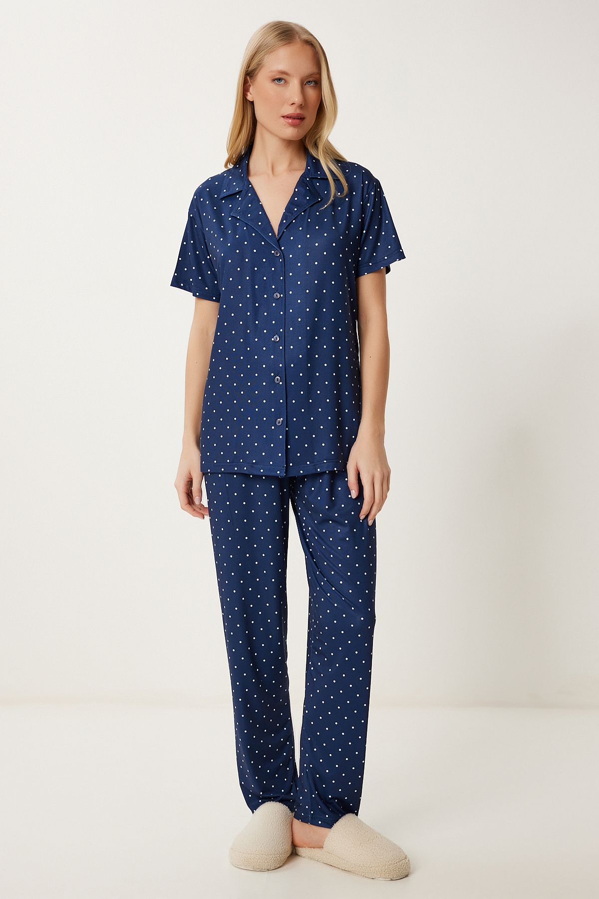 Lovelyİstanbul Desenli Esnek Yumuşak Dokulu Pijama Takımı LACİVERT LFP0003