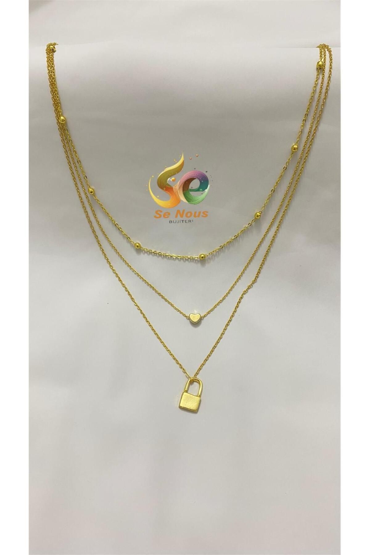 Butik Altın Rengi Kilit ve Kalp Charm Katmanlı Kolye