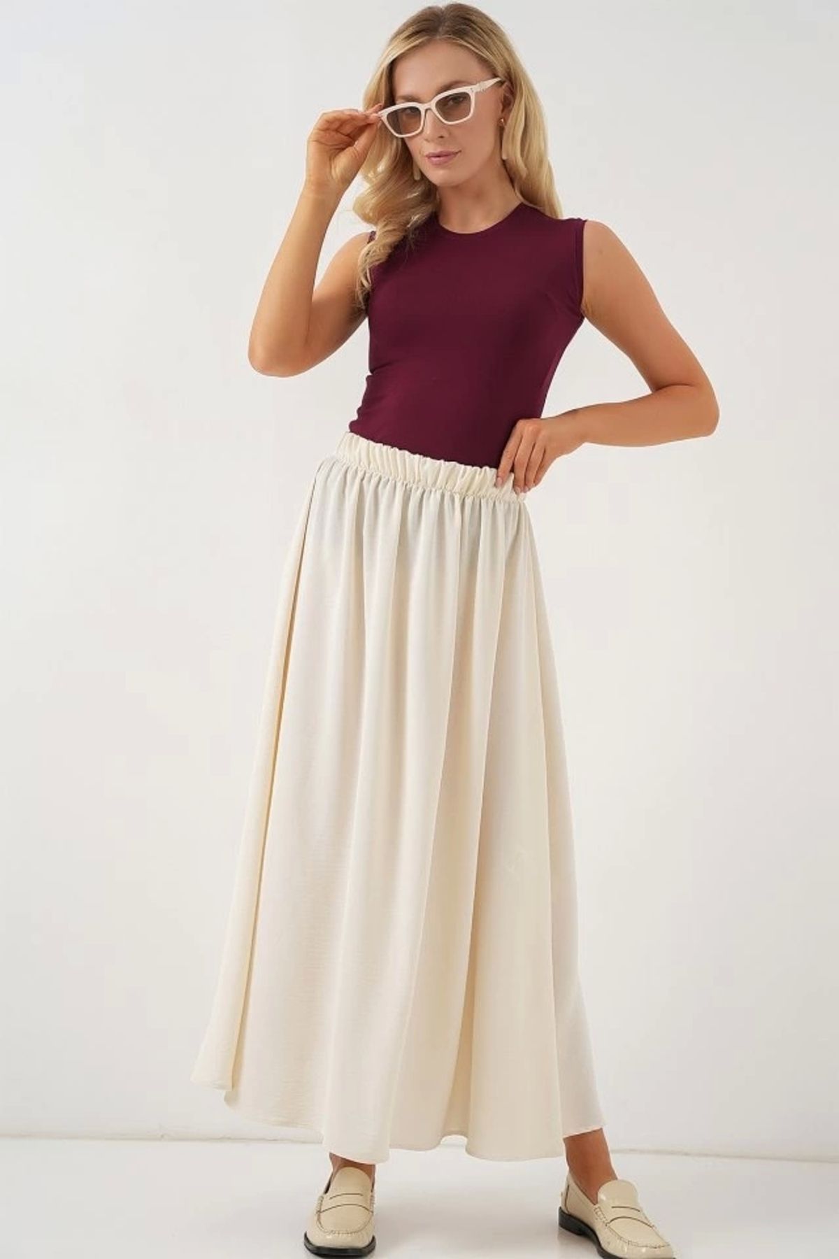 Butik Uzun Ayrobin Etek 8050 - Krem