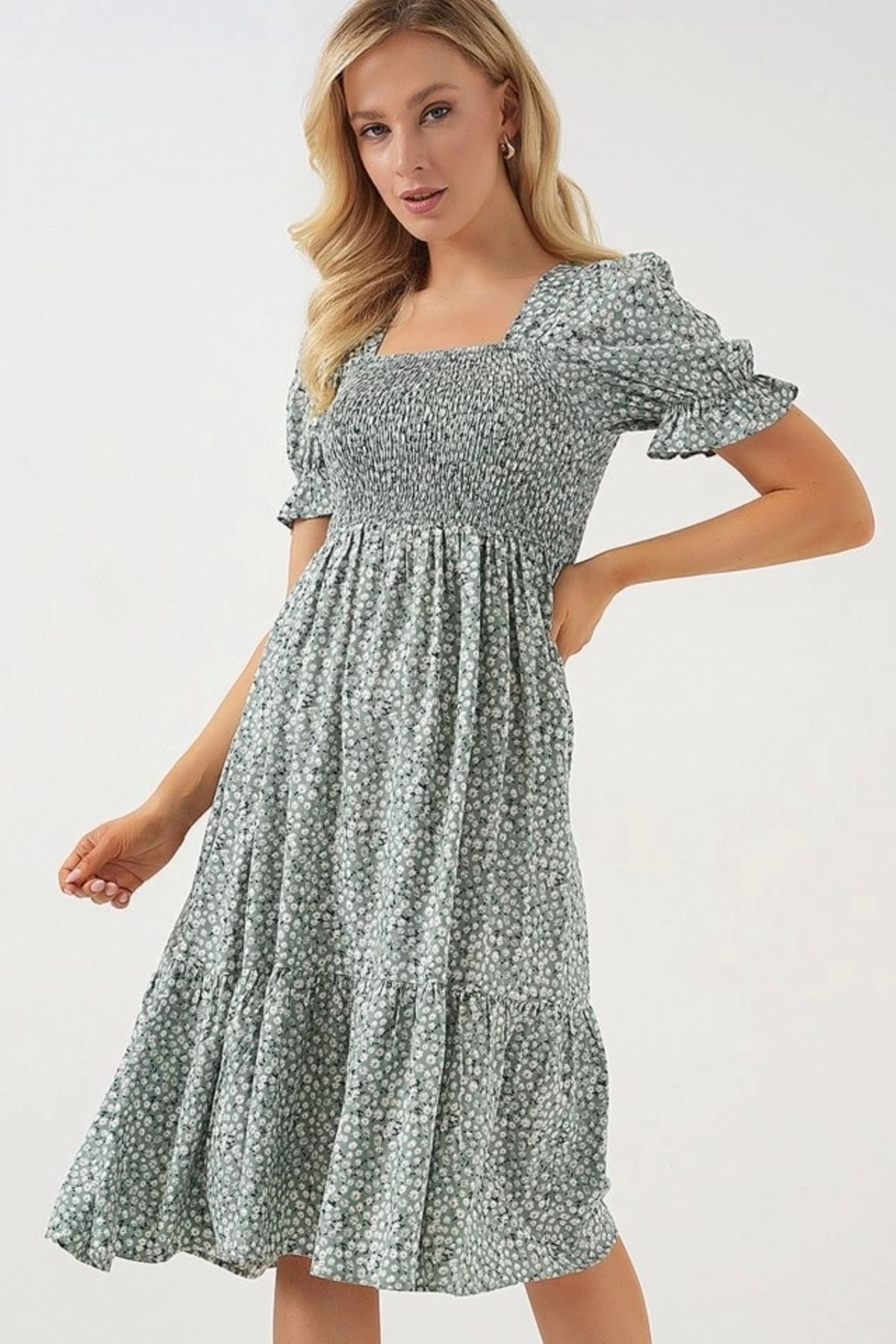 Butik Kısa Kol Çiçekli Elbise 2556 - Mint