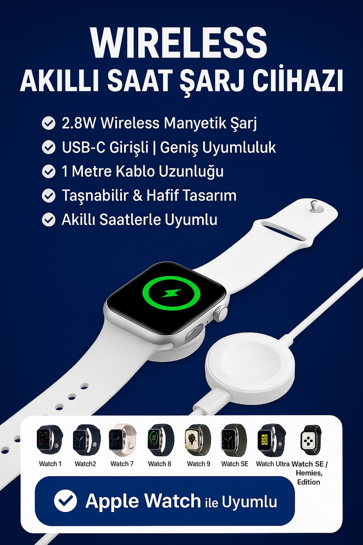 Kılıforyum Apple Watch Uyumlu Wireless Şarj Cihazı | 2.8W USB-C Manyetik Şarj Kablosu – 1 Metre