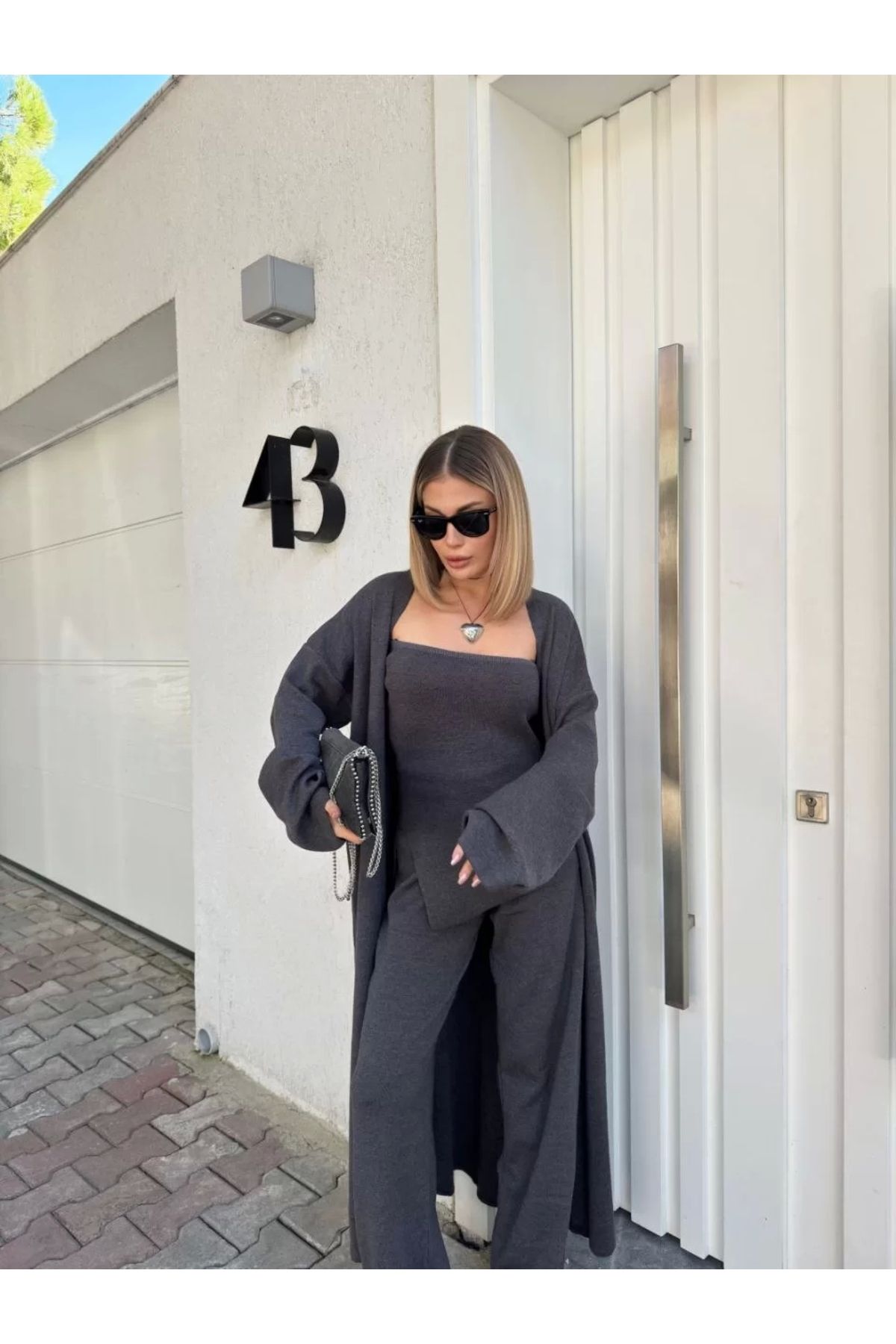 BÜŞRA TEZEL MODA Kadın Triko Üçlü Takım - Füme
