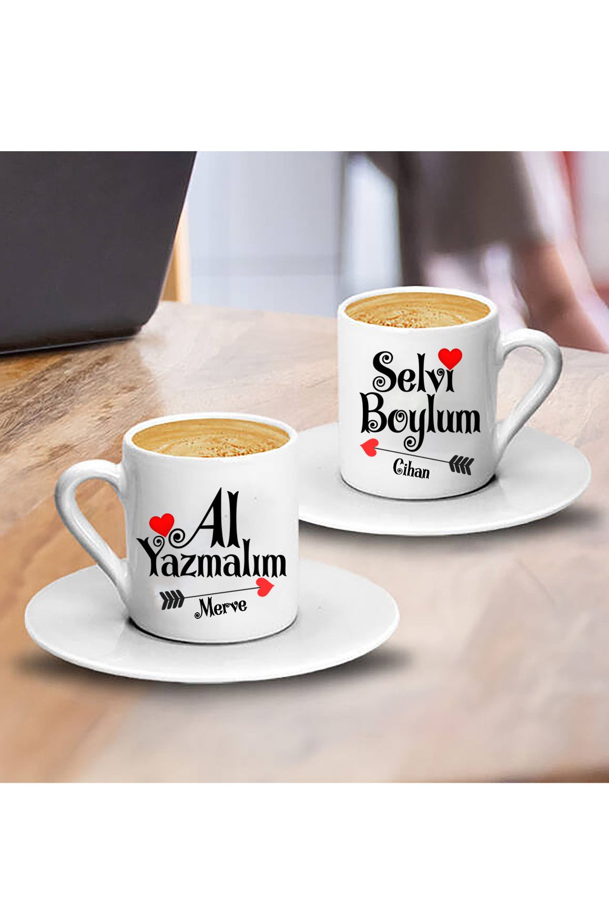 SareDesing Selvi Boylum Al Yazmalım ikili Türk Kahve Fincan Takımı