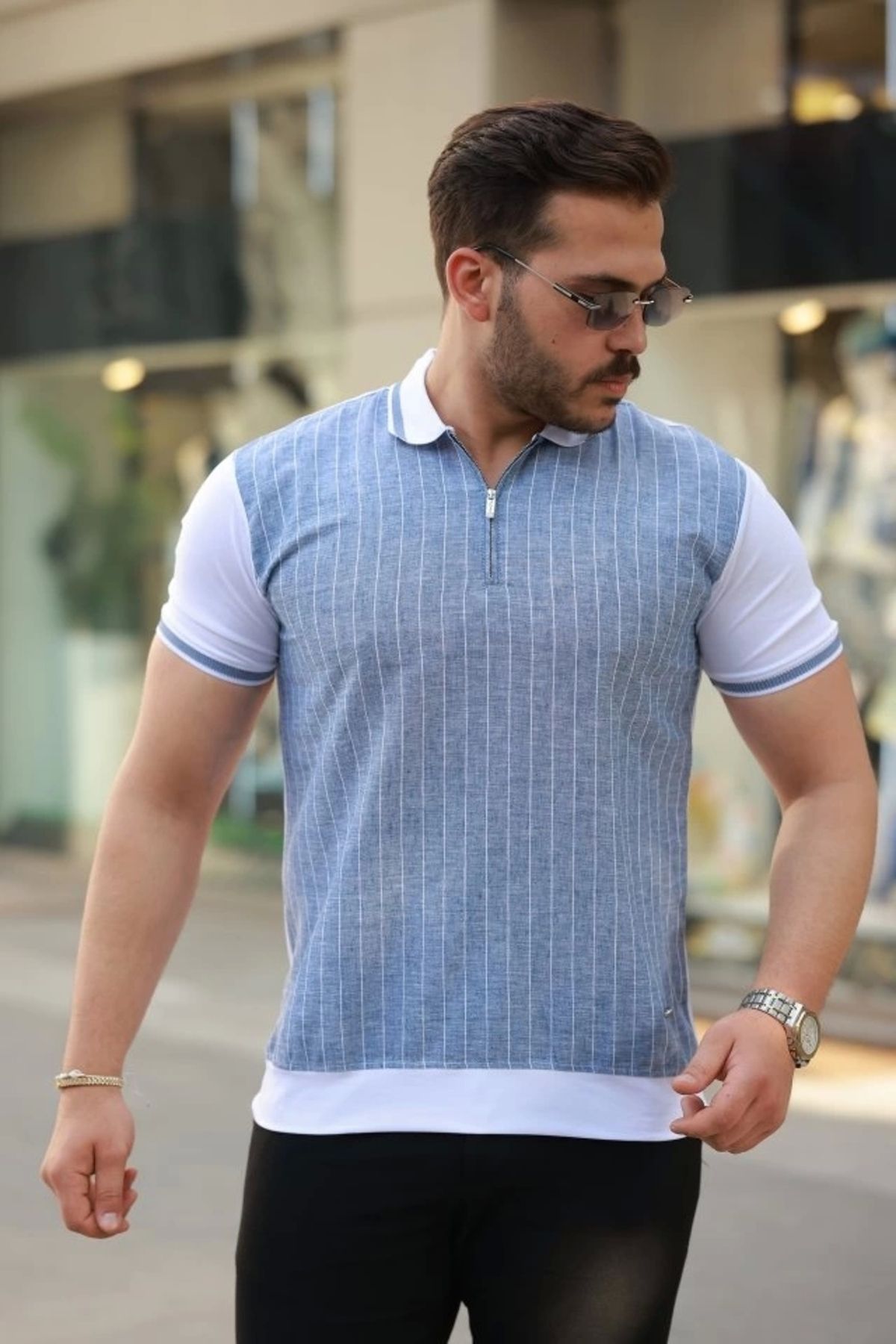 Butik Erkek Fermuar Yakalı çizgili Kısa Kollu Tişört