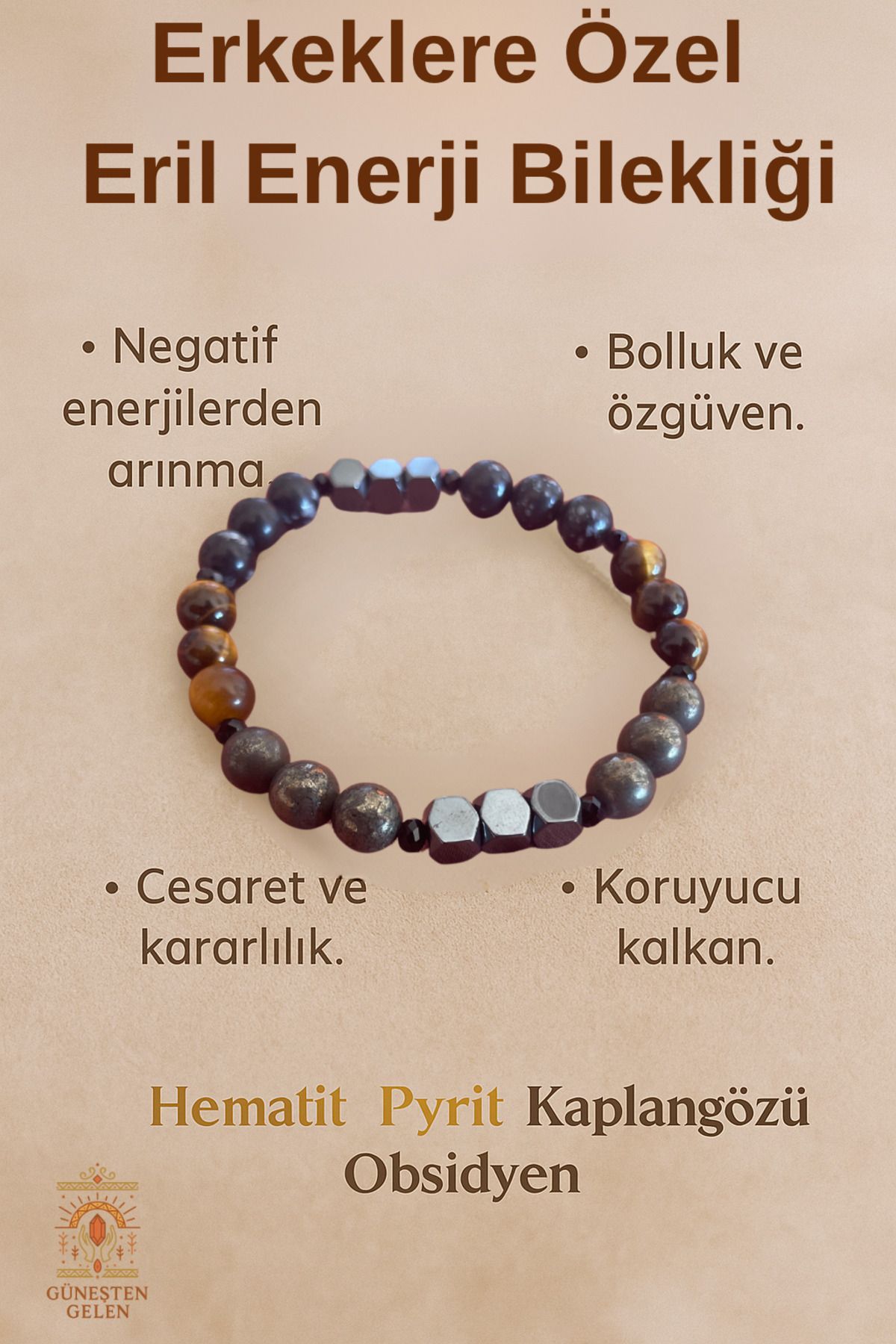 MODA Erkeklere Özel Eril Enerji Bilekliği, Hematit & Pyrit & Kaplangözü & Obsidyen Doğal Taş Bileklik