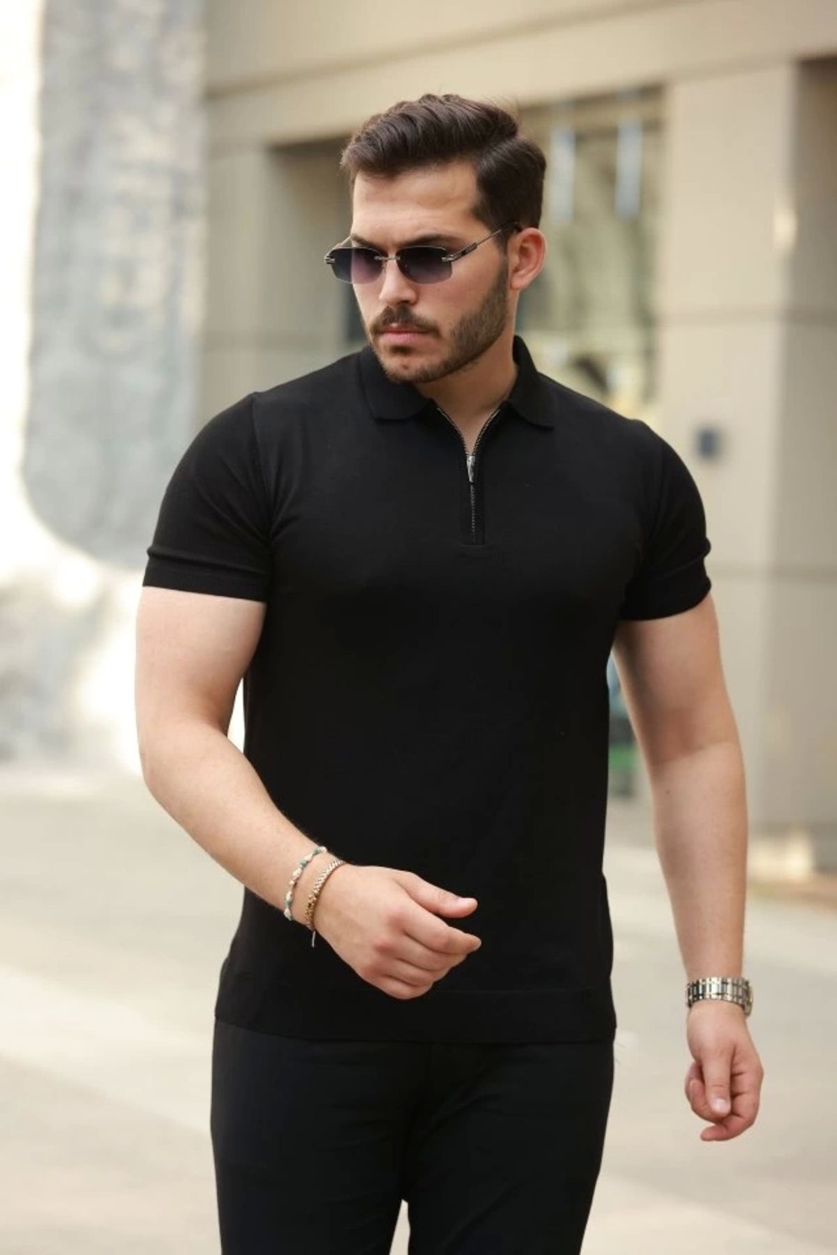 Butik Erkek Fermuar Yakalı Kısa Kollu Tişört