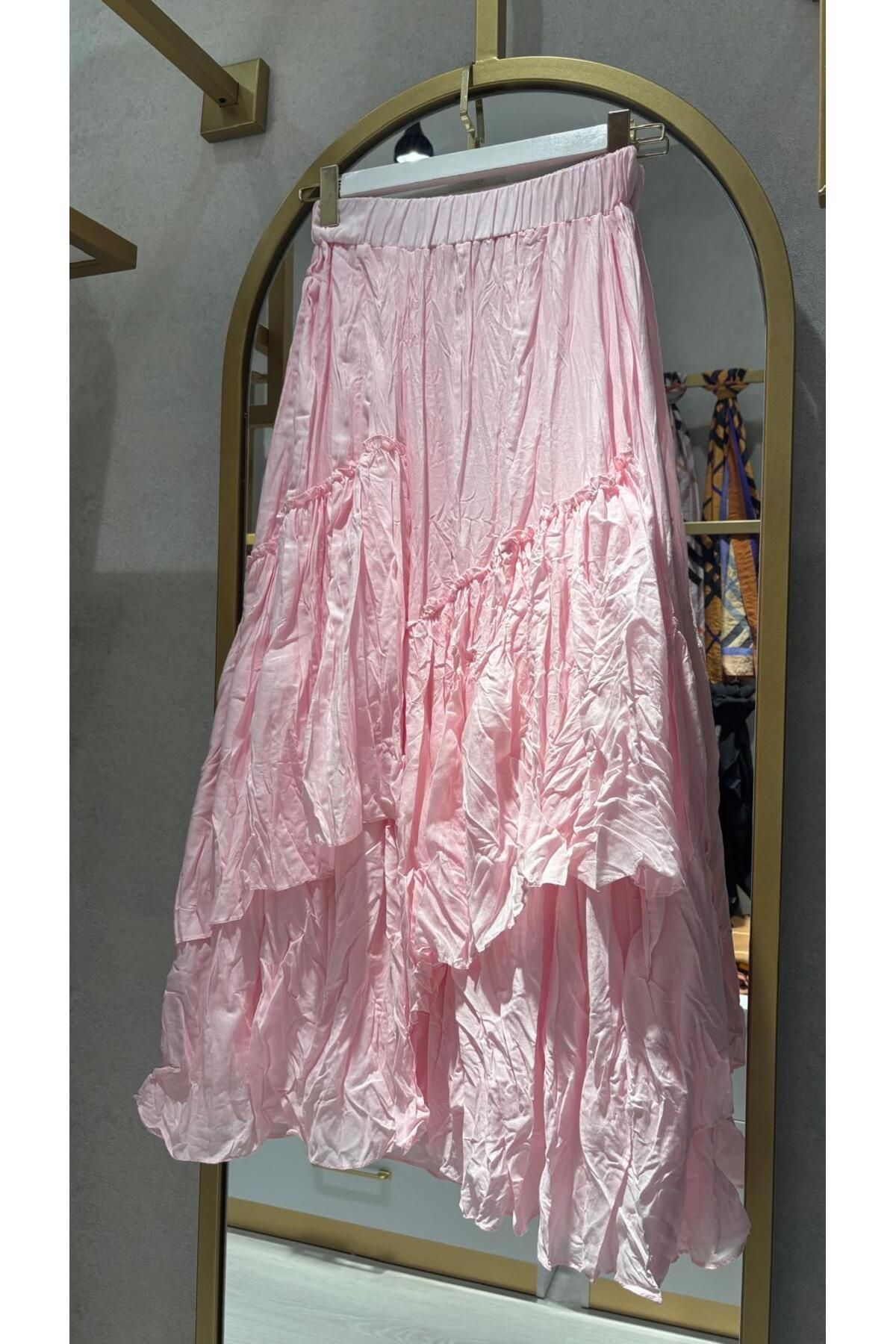 Tuğba Hijab Kadın Pembe Uzun Bohem Astarlı Kırışık Pamuk Etek