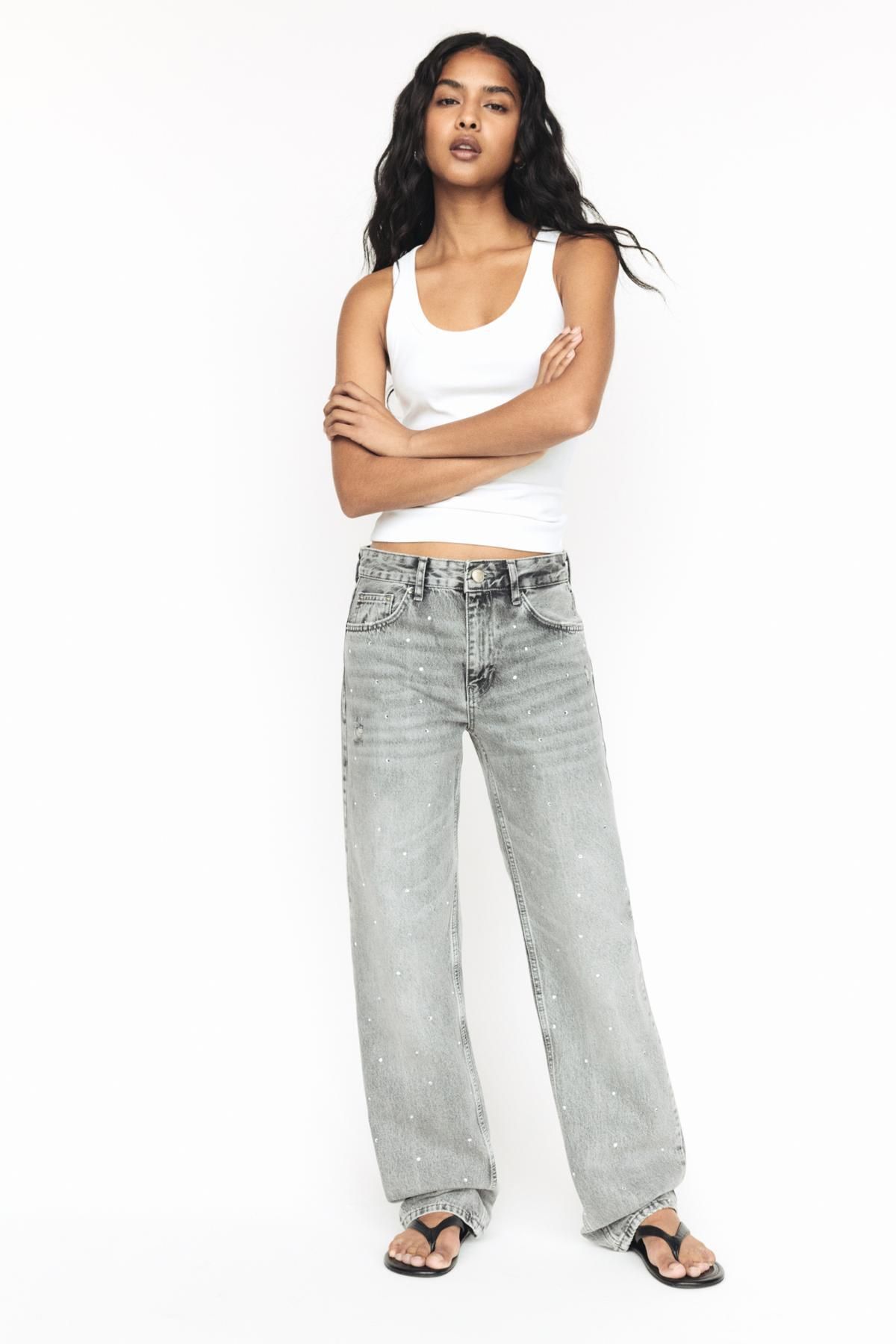Pull & Bear Parıltılı baggy düz kesim jean