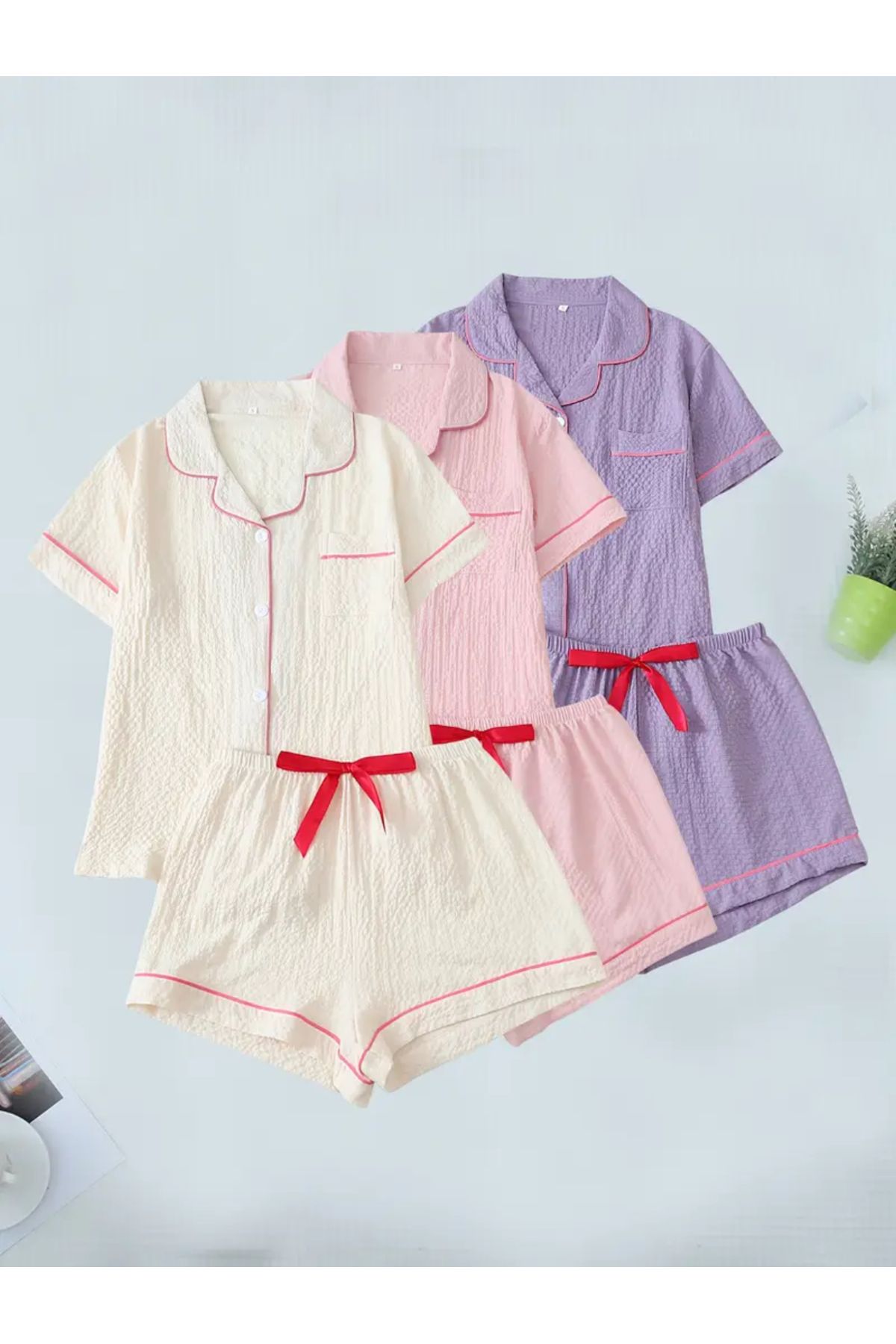 LunatrisHomewear Kurdaleli Gömlek Şort Pijama Takımı