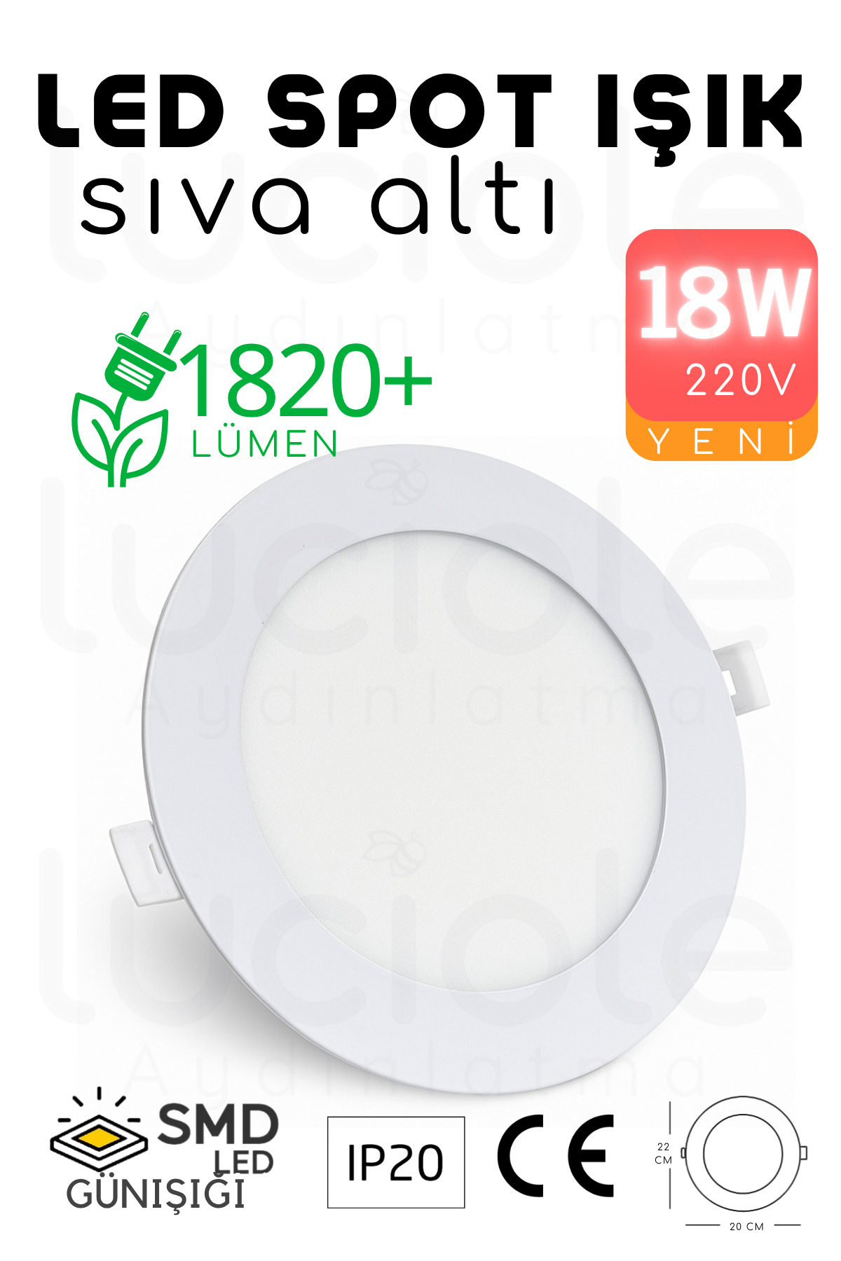 luciole 18W Slim LED Spot – 3200K Günışığı Işık, 1820 Lümen, Beyaz