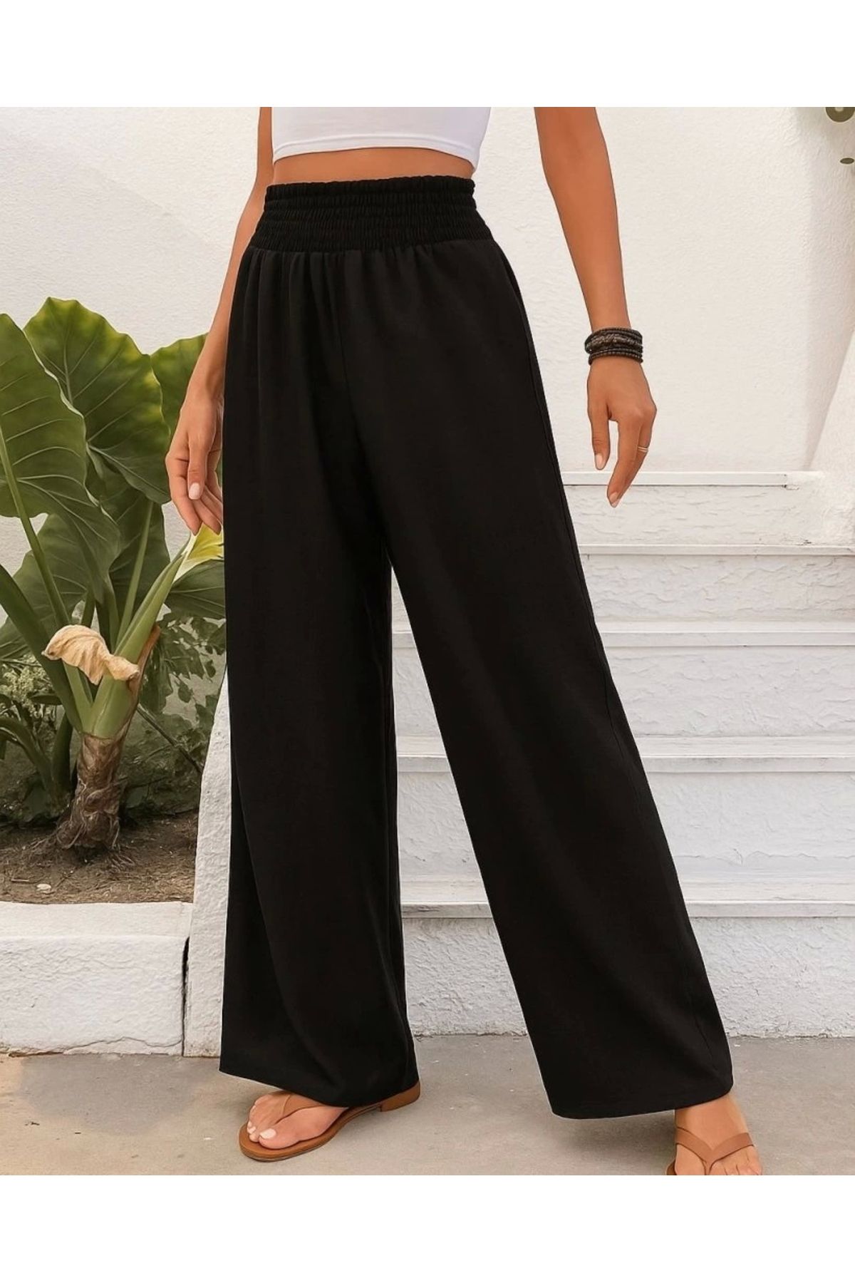 Butik Kadın Yüksek Bel Lastikli Ithal Krep Pantolon