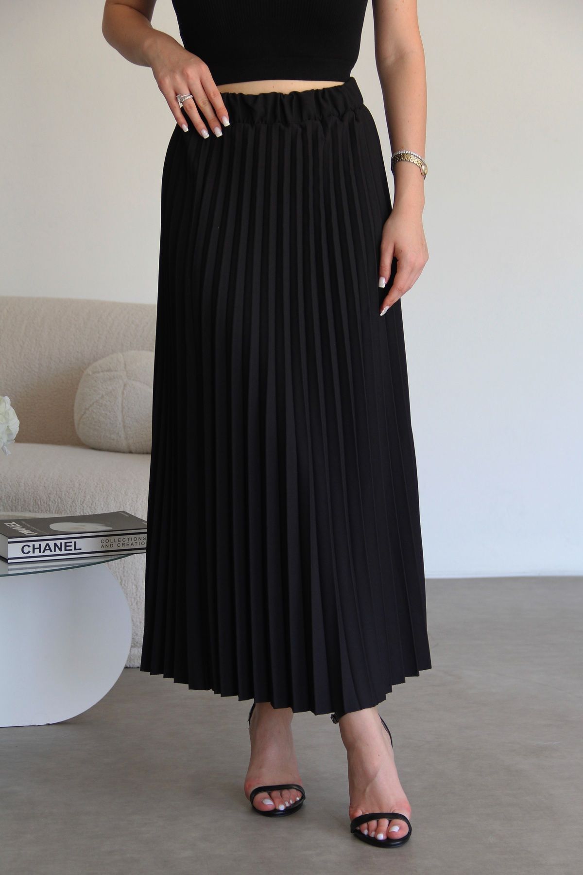 Julidress Beli Lastikli Verev Kesim Midi Boy Premium Piliseli Etek