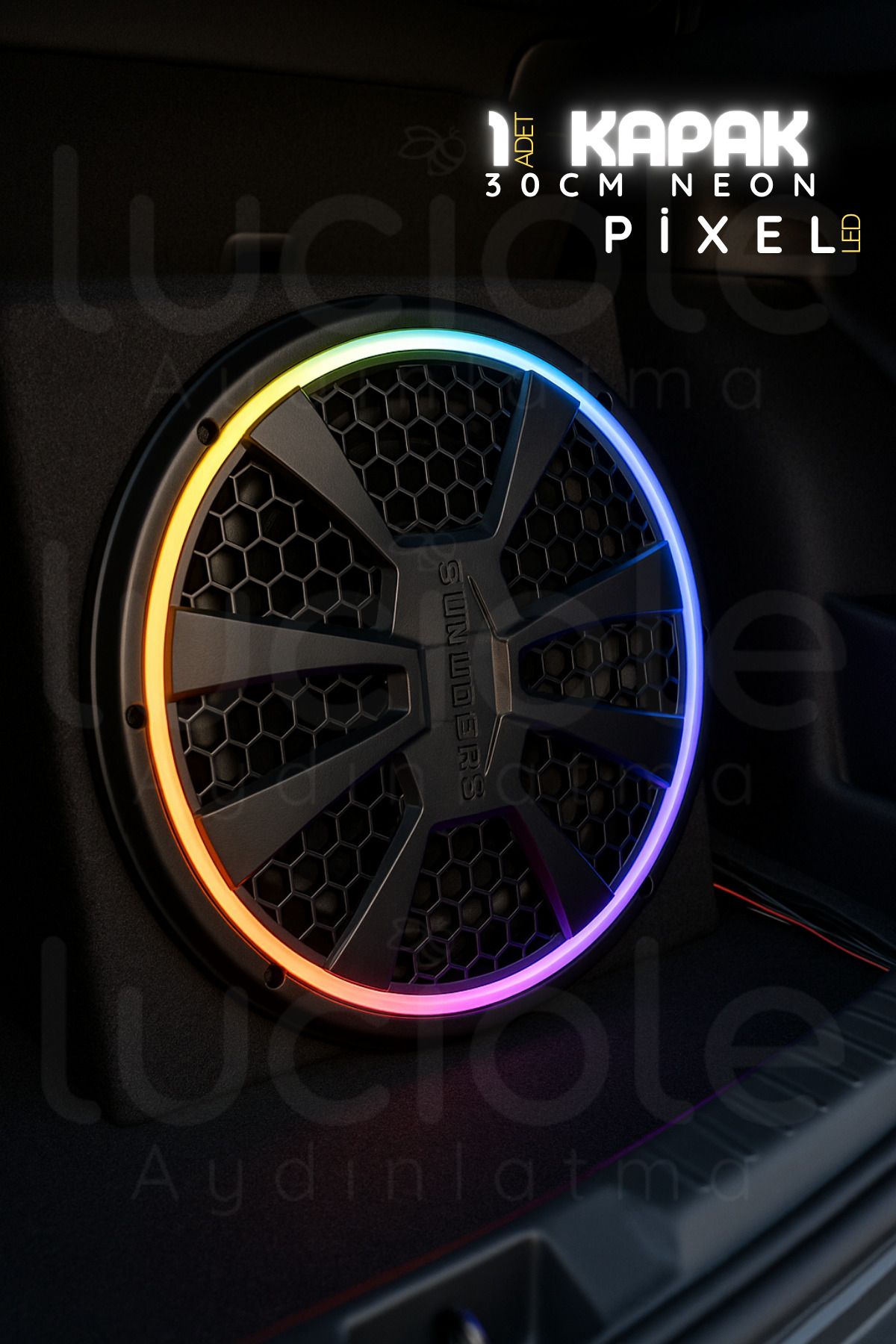 luciole 30 Cm Subwoofer Uyumlu Neon Pixel Led Hoparlör Kapağı – Tekli, Rgb , Sese Duyarlı, Rf Kumandalı 12v
