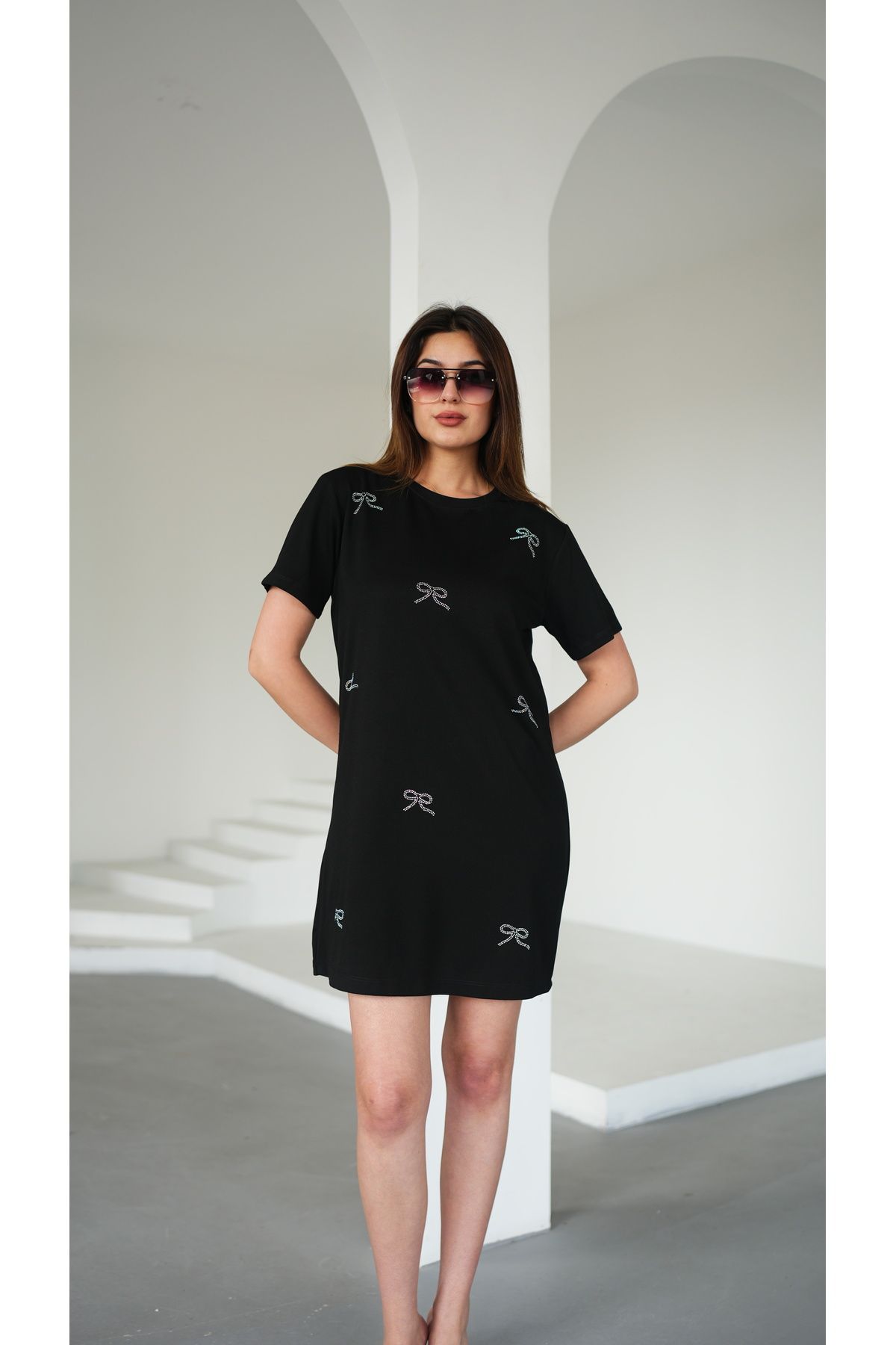 moda paketi SİYAH MODAL TAŞLI ELBİSE