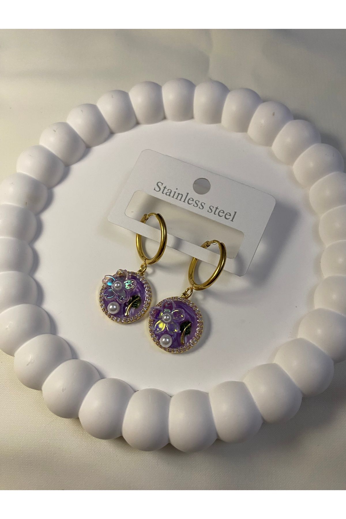 asem jewelry MOR MİNELİ İNCİ VE ÇİÇEK DETAYLI VİNTAGE ÇELİK KÜPE