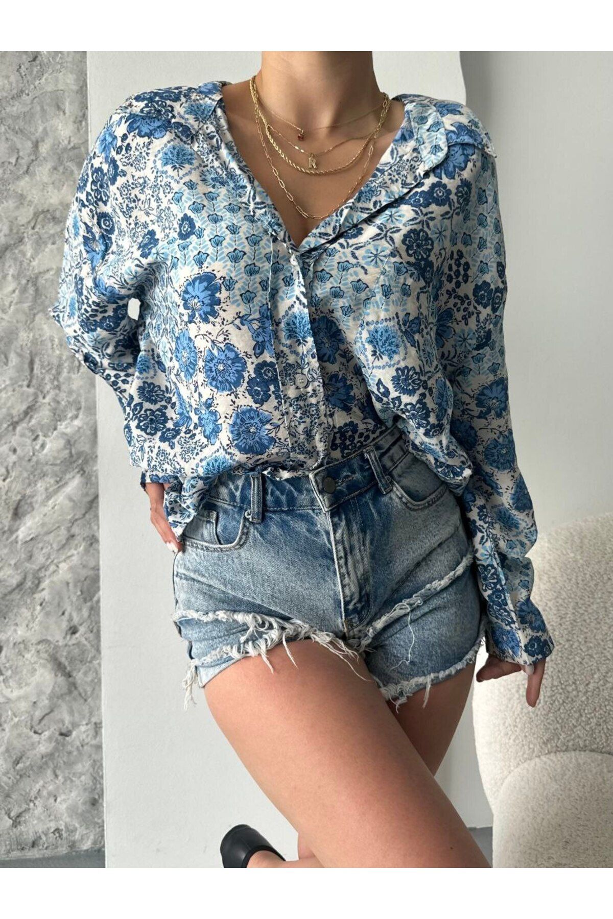 İLKCET MODA Çiçek Desen Vintage Kadın Oversize Gömlek