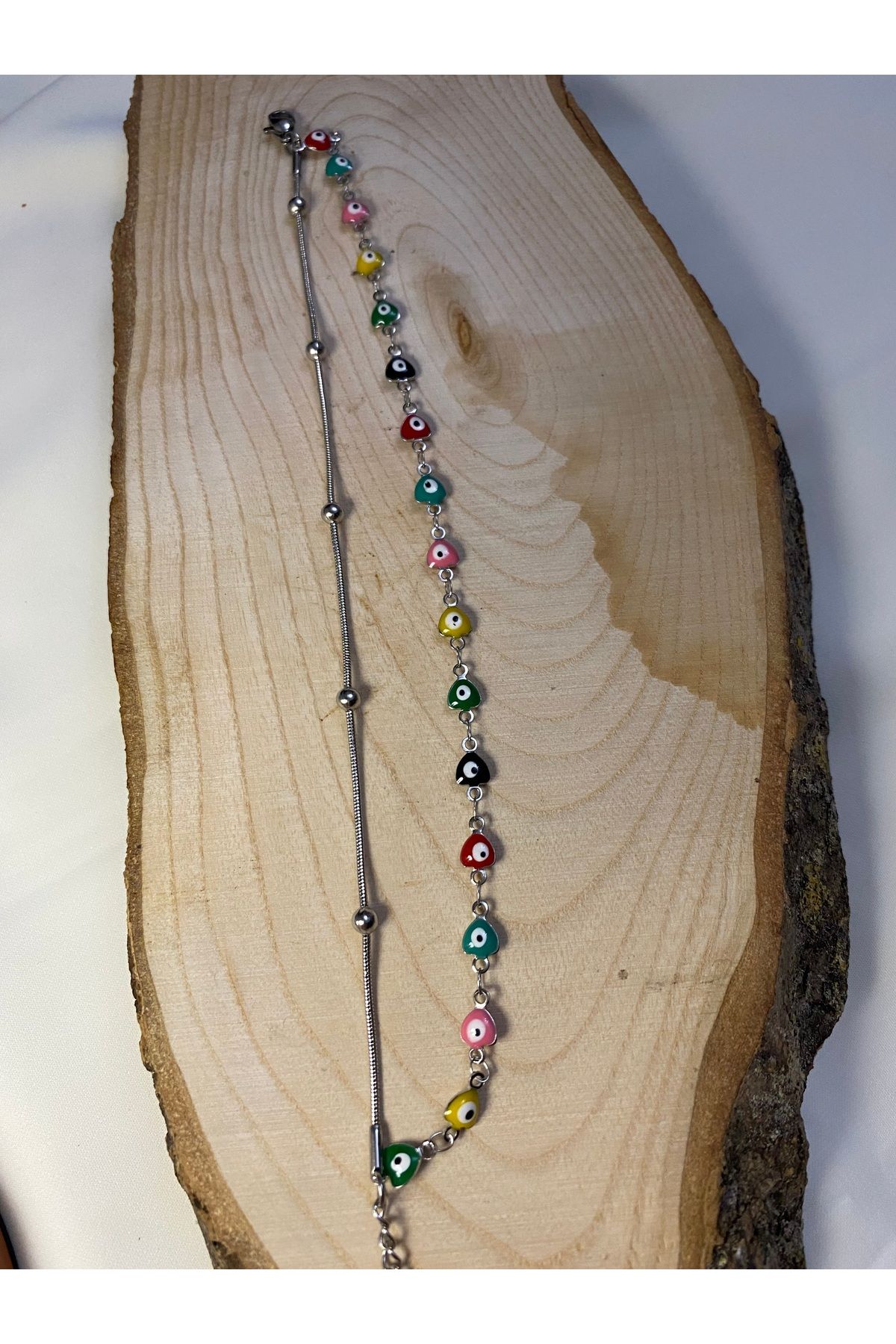 asem jewelry RENKLİ NAZAR BONCUK DETAYLI ÇİFT ZİNCİR ÇELİK HALHAL