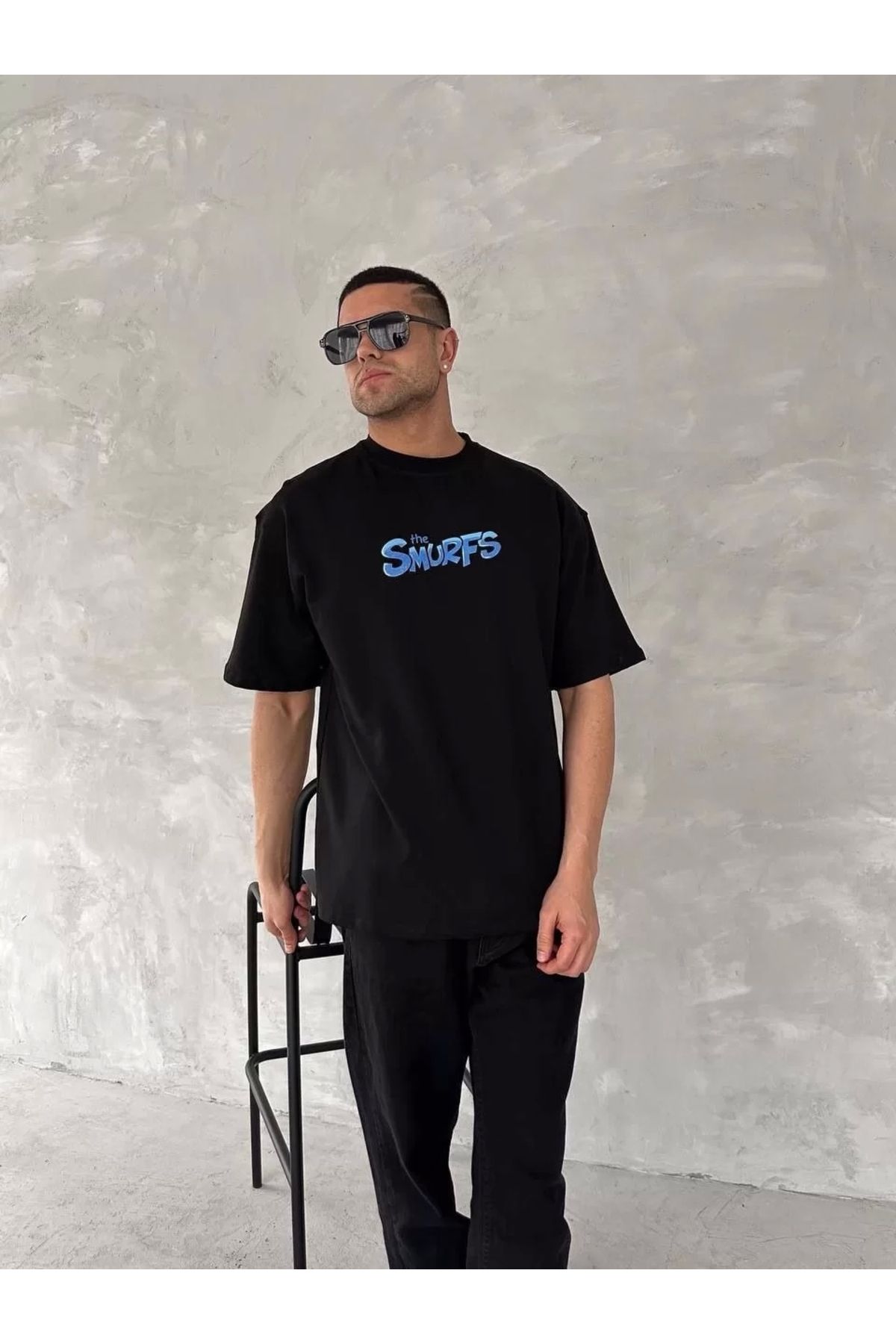 CanselButik Ön ve Arka Baskılı Oversize Bisiklet Yaka T-shirt- Siyah