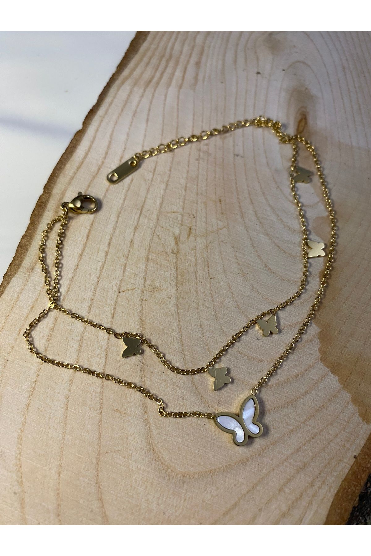 asem jewelry KELEBEK DETAYLI ÇİFT ZİNCİR ÇELİK HALHAL
